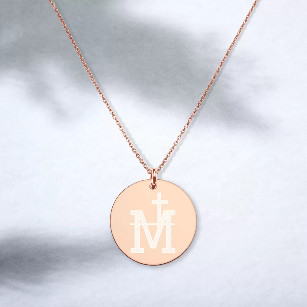 Virgin Mary Monogram – Engraved Silver Disc Necklace
