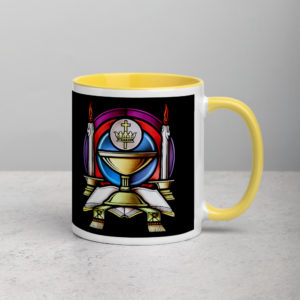 Eucharist – Black Background – Mug with Color Inside Drinkware Rosary.Team