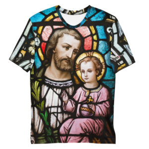 St Joseph with Jesus, the Divine Child Men’s T-shirt Apparel Rosary.Team