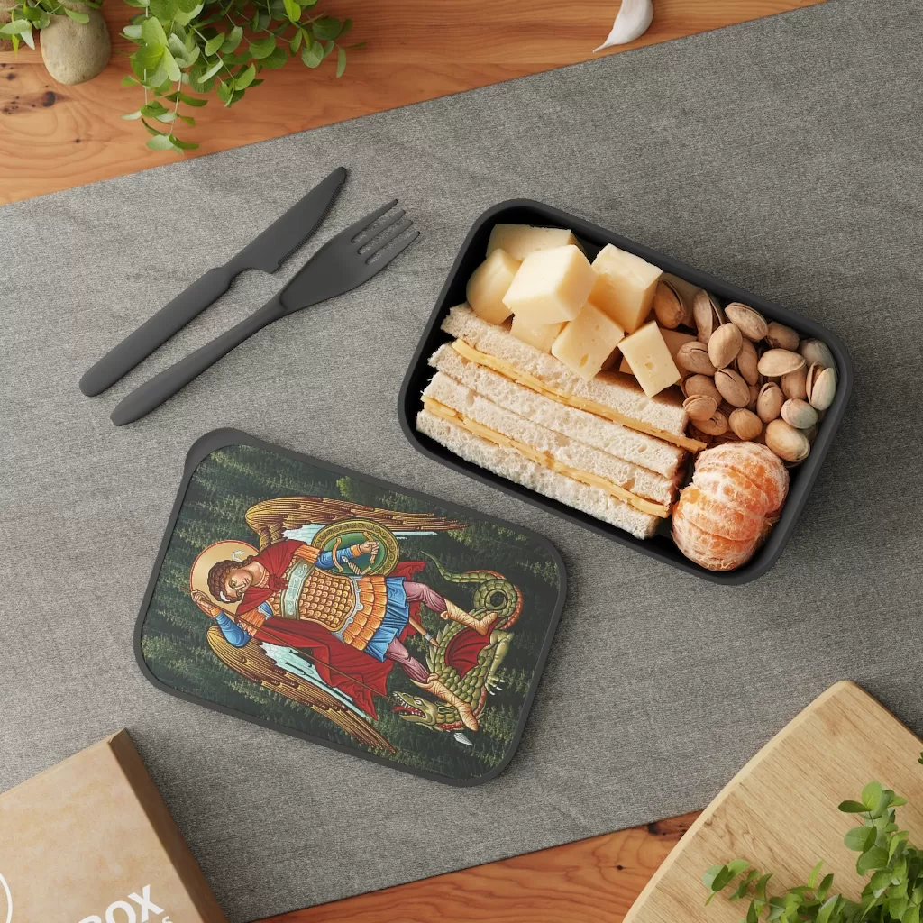 St Michael Archangel Shield PLA Bento Box with Band and Utensils Accessories Rosary.Team