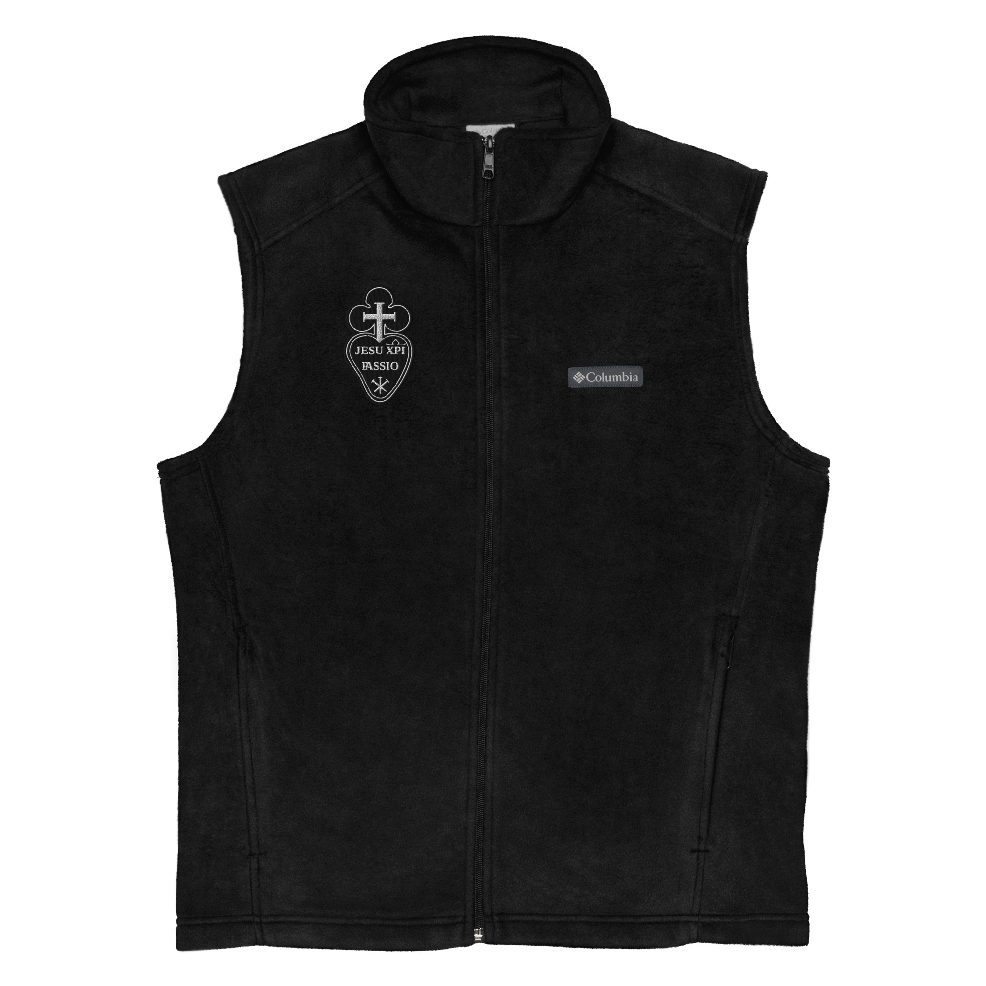 Passionist Sign Embroidered Men’s Columbia fleece vest