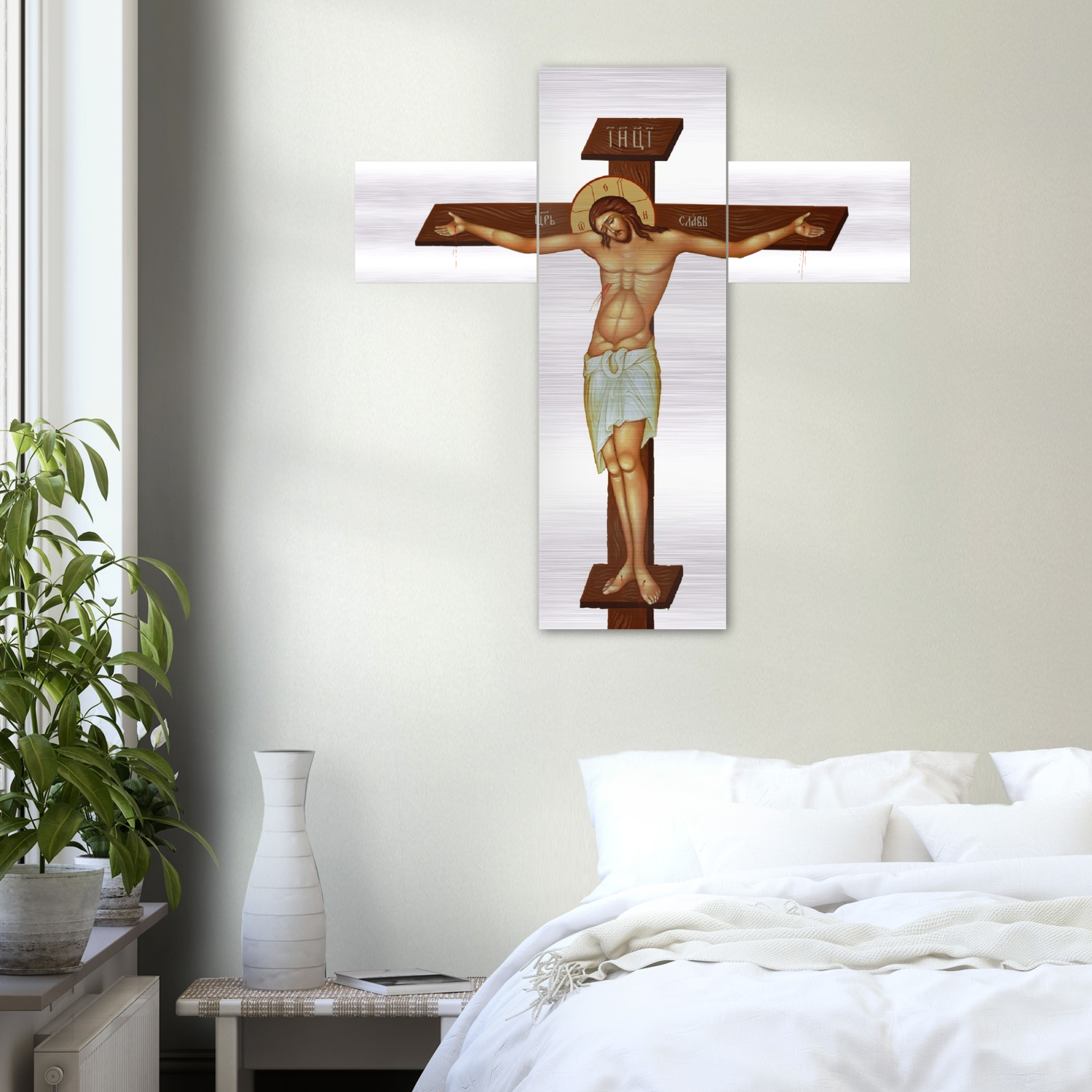 Crucifixion of Our Lord Jesus Christ - Russian Triptych - Brushed #Aluminum #MetallicIcon #AluminumPrint - 3 panels Style : Byzantine/Greek