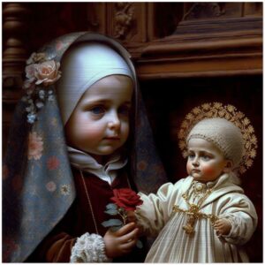 Little Thérèse of Lisieux and Child Jesus ✠ Brushed Aluminum Icon Brushed Aluminum Icons Rosary.Team