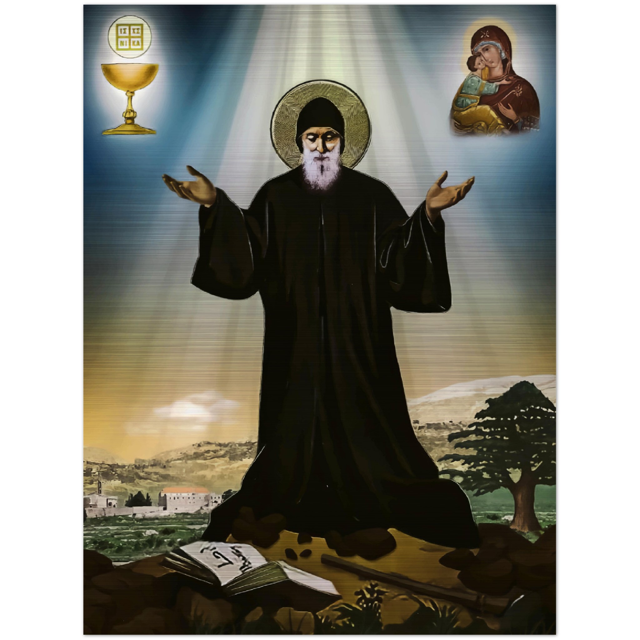 Saint Charbel's devotion to Our Blessed Mother ✠ Brushed Aluminum Icon