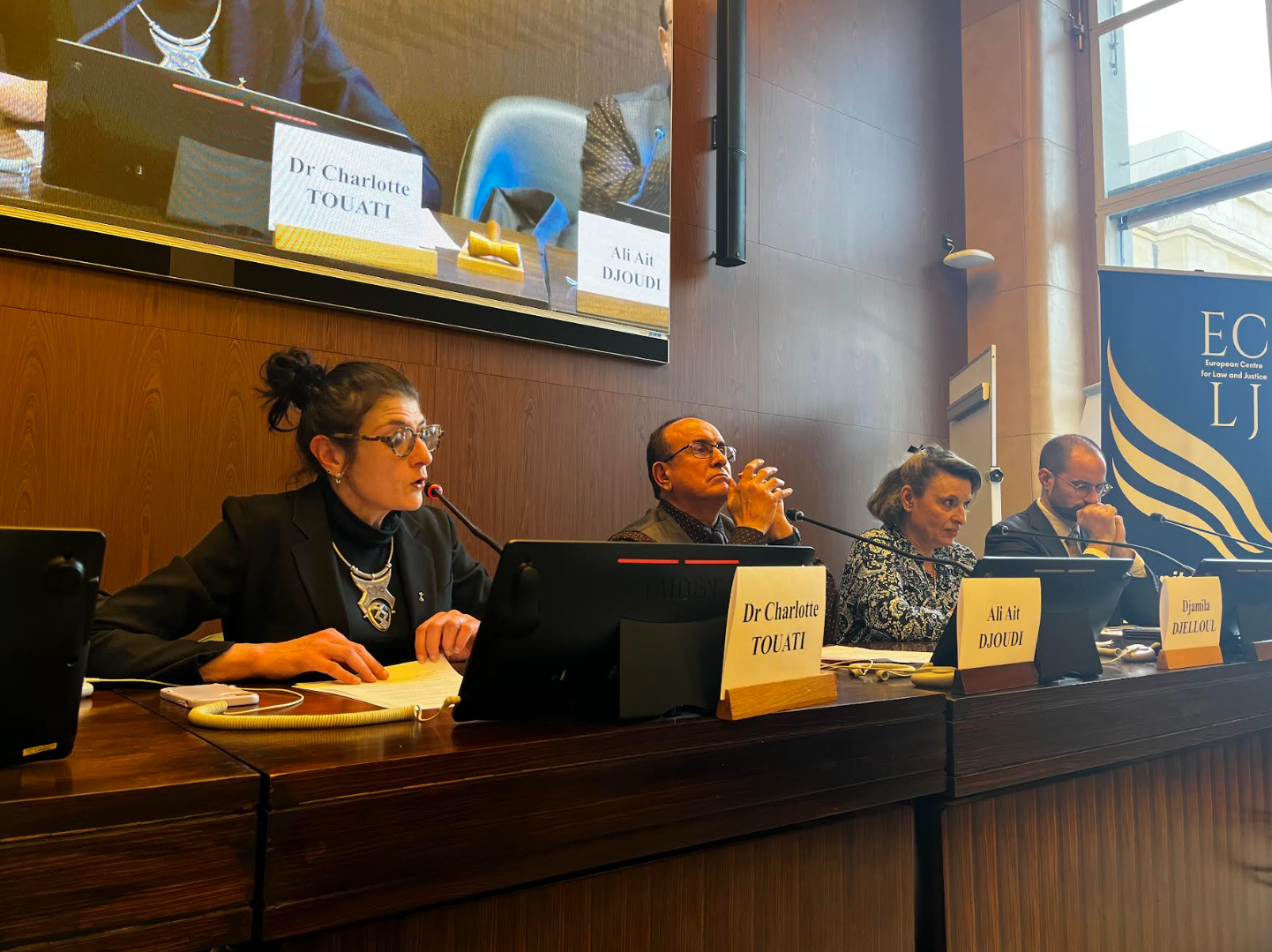 Charlotte Touati (left), historian and researcher at the University of Lausanne, addresses the ECLJ side event on Christians in Algeria at the United Nations Human Rights Council in Geneva on March 18, 2026, alongside (from left) Ali Ait Djoudi and Djamila Marie Djelloul. | Credit: European Centre for Law and Justice (ECLJ)