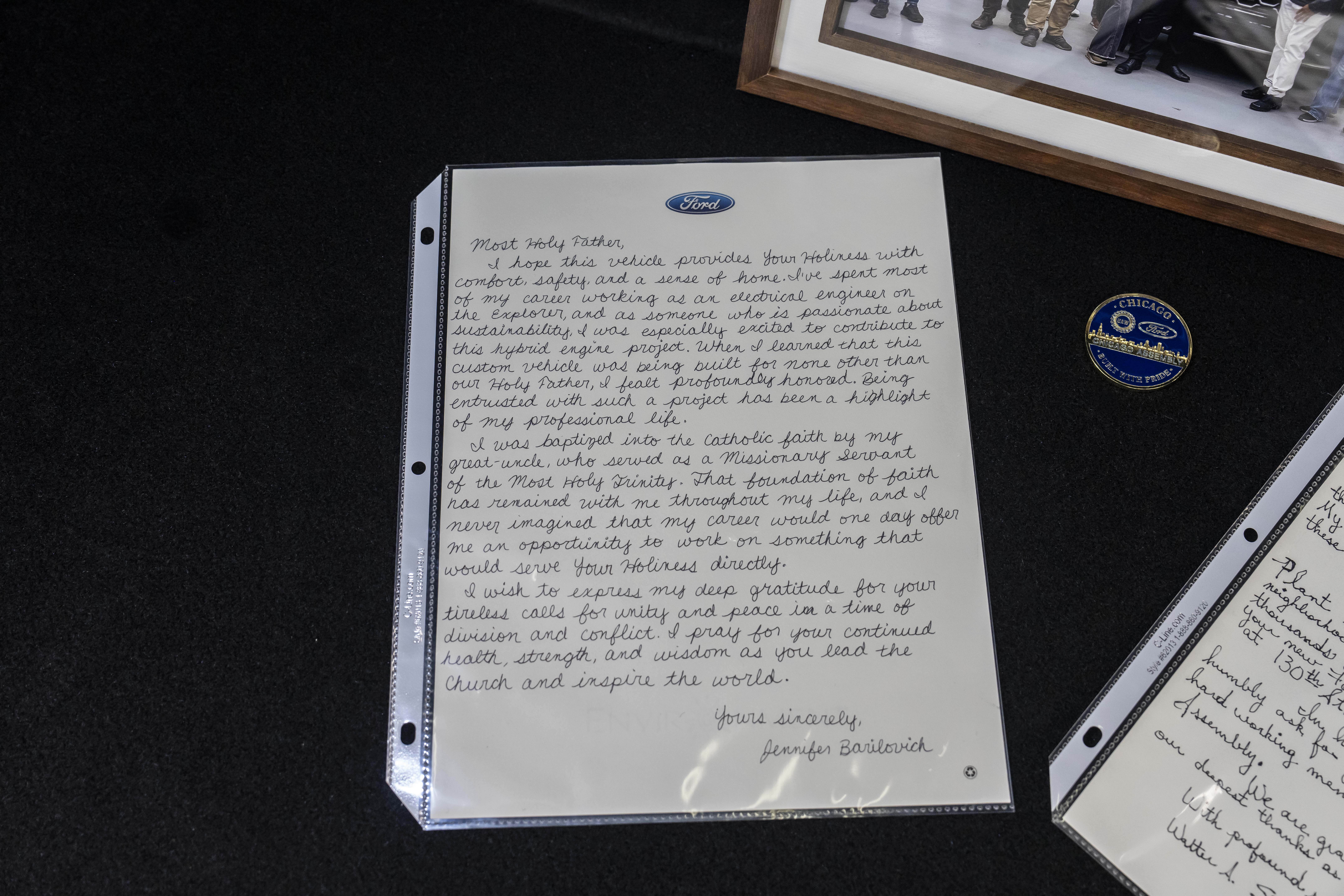 Letter from Jennifer Barilovich delivered to Pope Leo XIV. |Credit: Photo courtesy of Ford