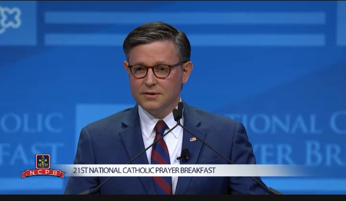 Republican U.S. House Speaker Mike Johnson addresses the National Catholic Prayer Breakfast in Washington, D.C., on March 19, 2026. | Credit: EWTN News/Screenshot