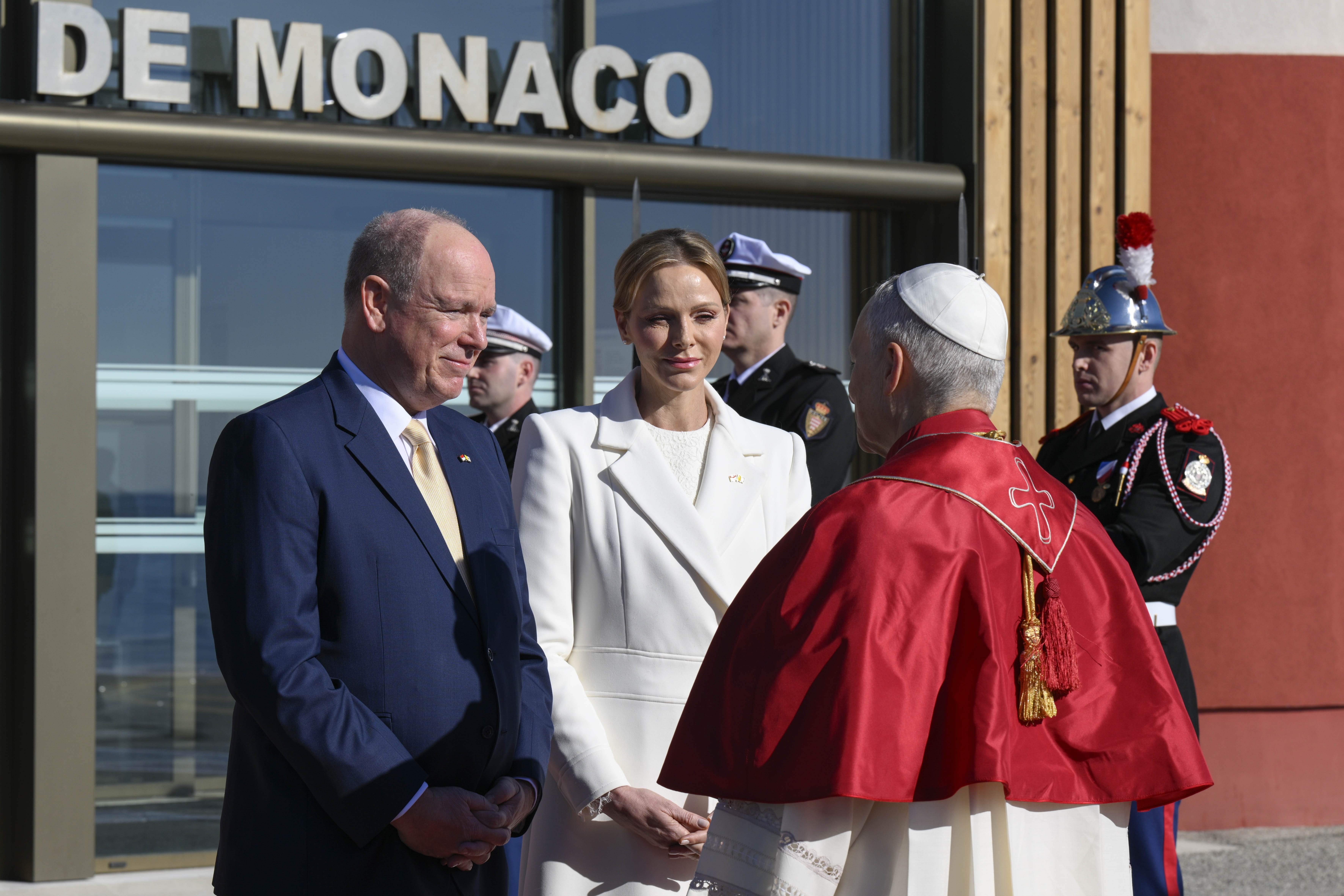 Pope Leo XIV meets Prince Albert II and Princess Charlene in Monaco, Saturday, March 28, 2026 | Credit: Vatican Media