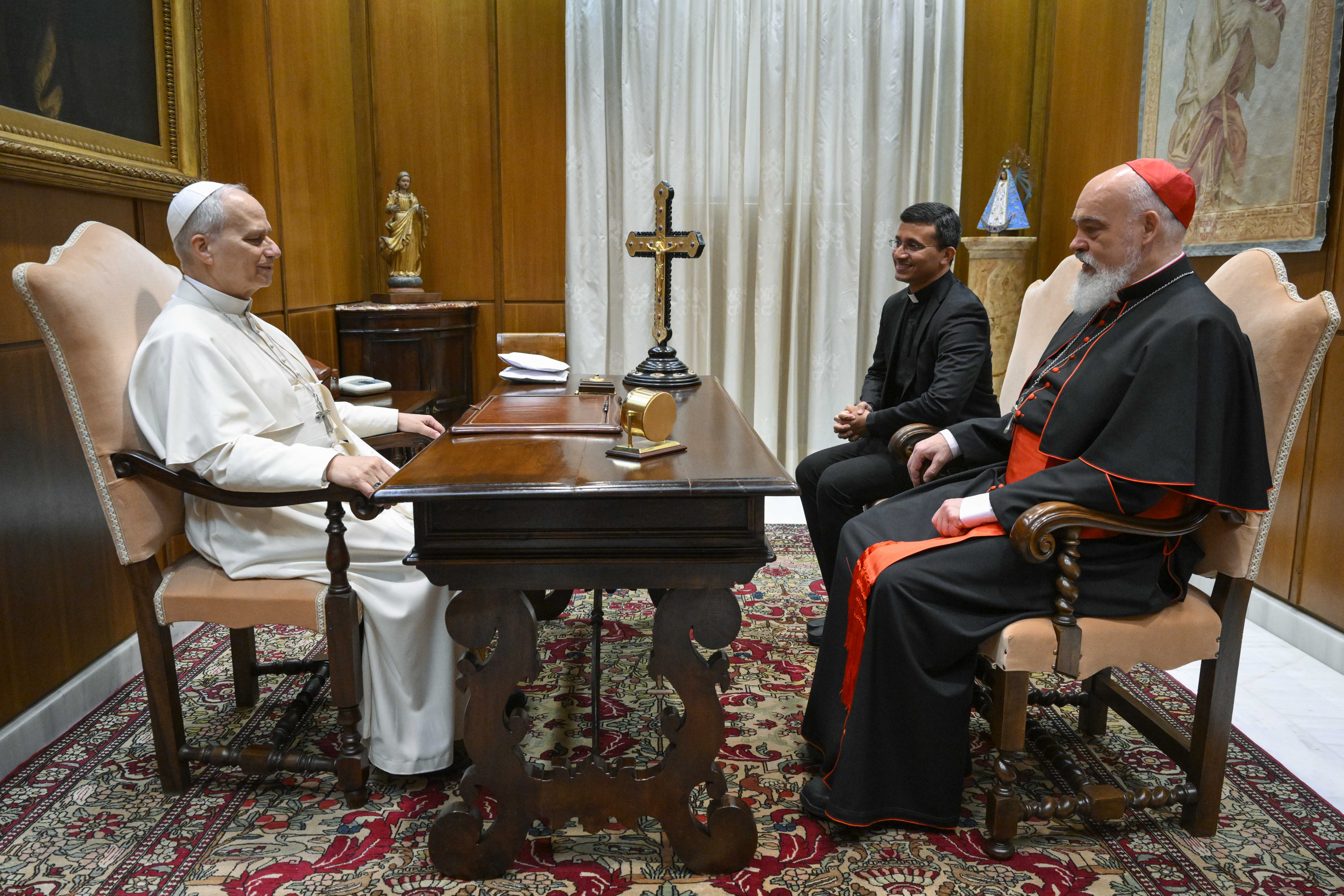 Archbishop of Tehran-Isfahan Cardinal Dominique Mathieu meets with Pope Leo XIV March 11, 2026, after witnessing the first days of military clashes in the Iranian capital. | Credit: Vatican Media