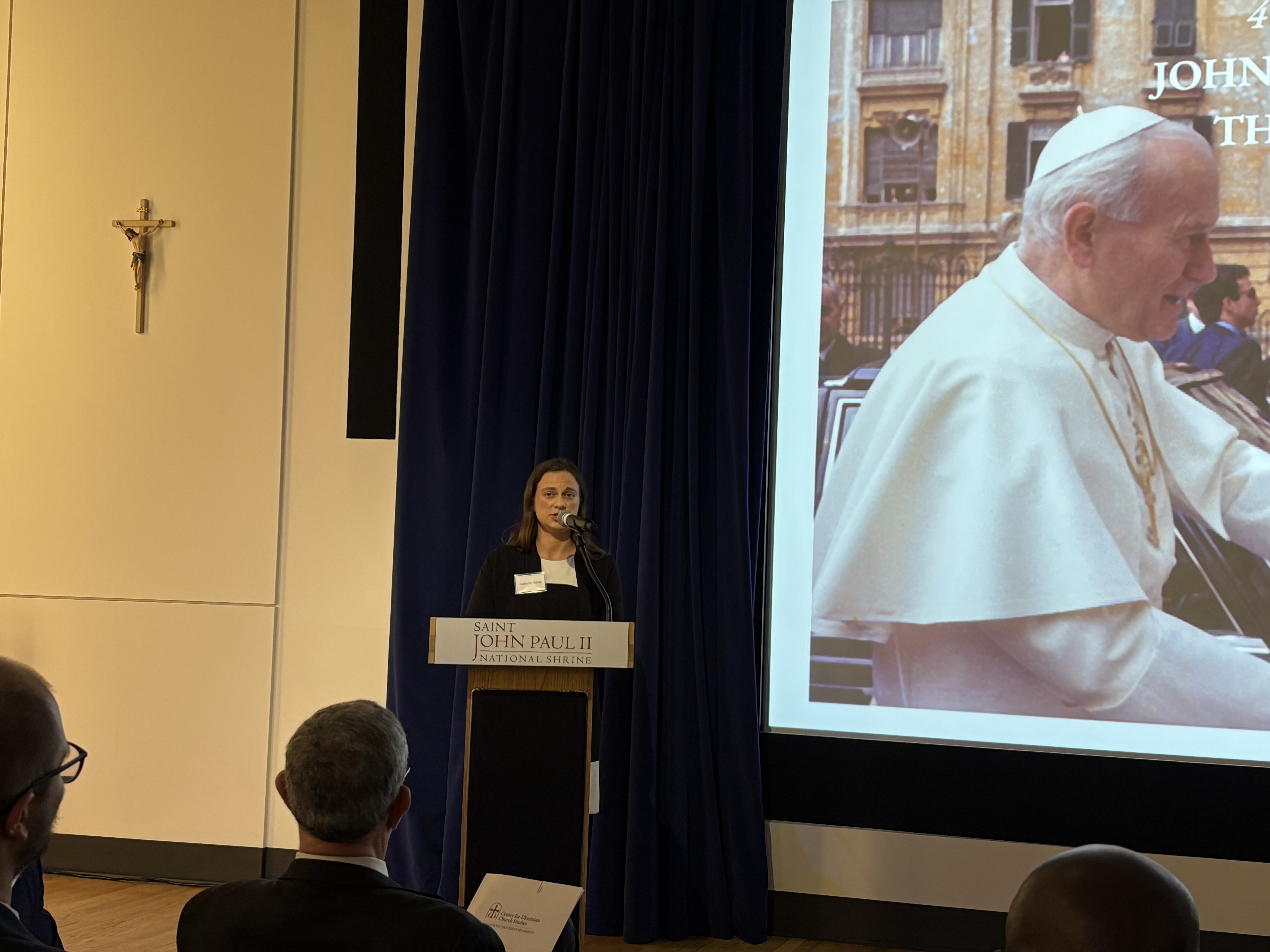 Catherine Szkop speaks at the St. John Paul II National Shrine in Washington, D.C., on April 16, 2026. | Credit: Tessa Gervasini/EWTN News