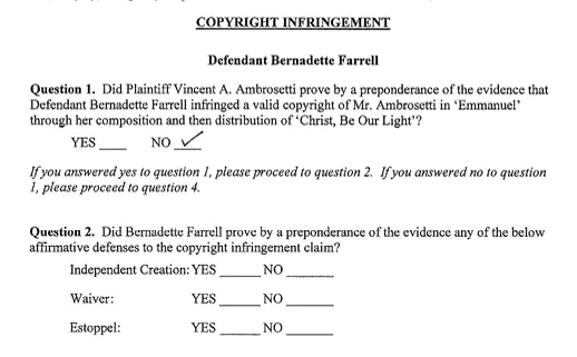 Jury dismisses copyright claim brought by Catholic composer over 1980 hymn
