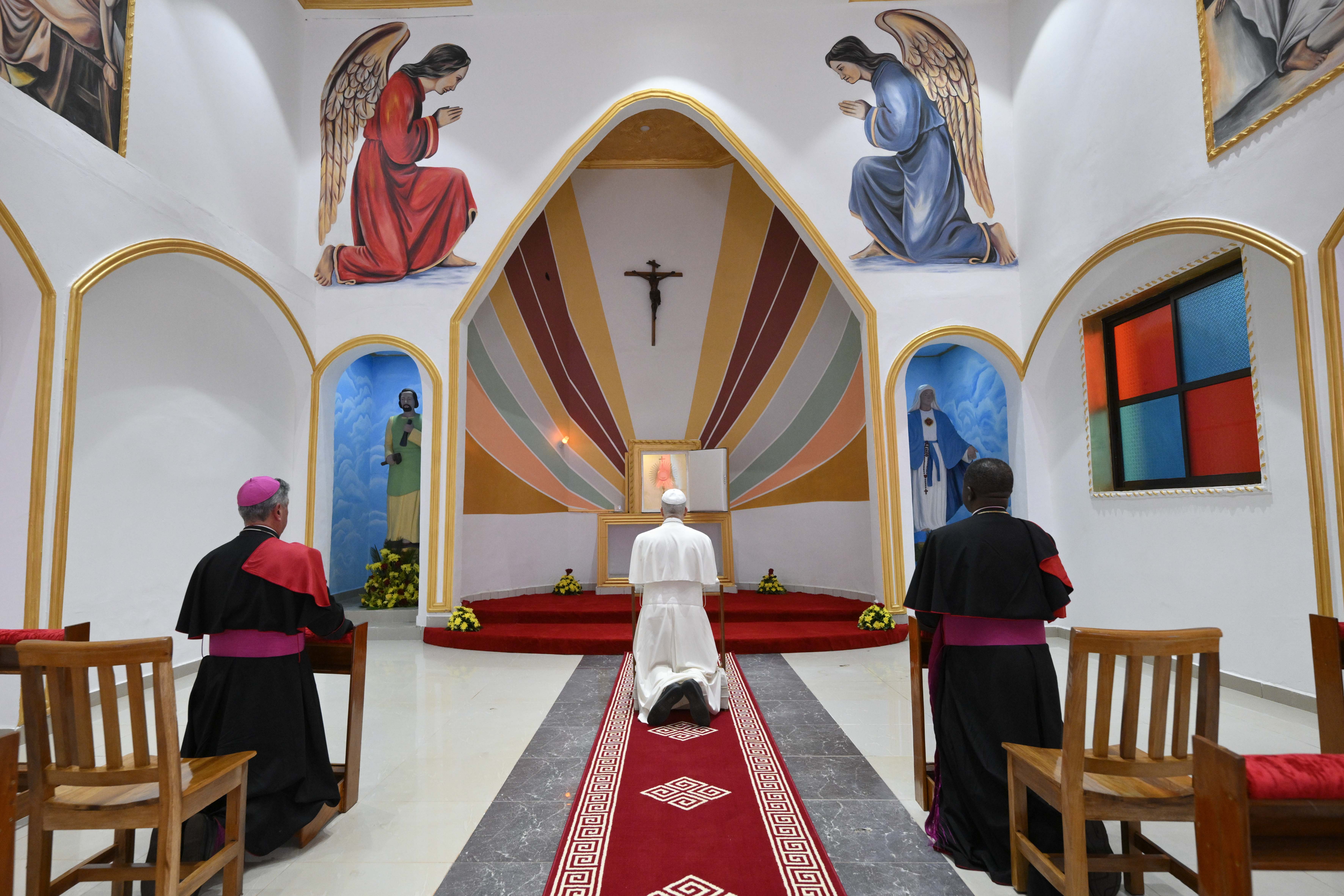Pope Leo XIV prays in adoration before the Eucharist in the Holy Sacrament Chapel of St. Joseph Cathedral in Bamenda, Cameroon, on Thursday, April 16, 2026. | Credit: Vatican Media