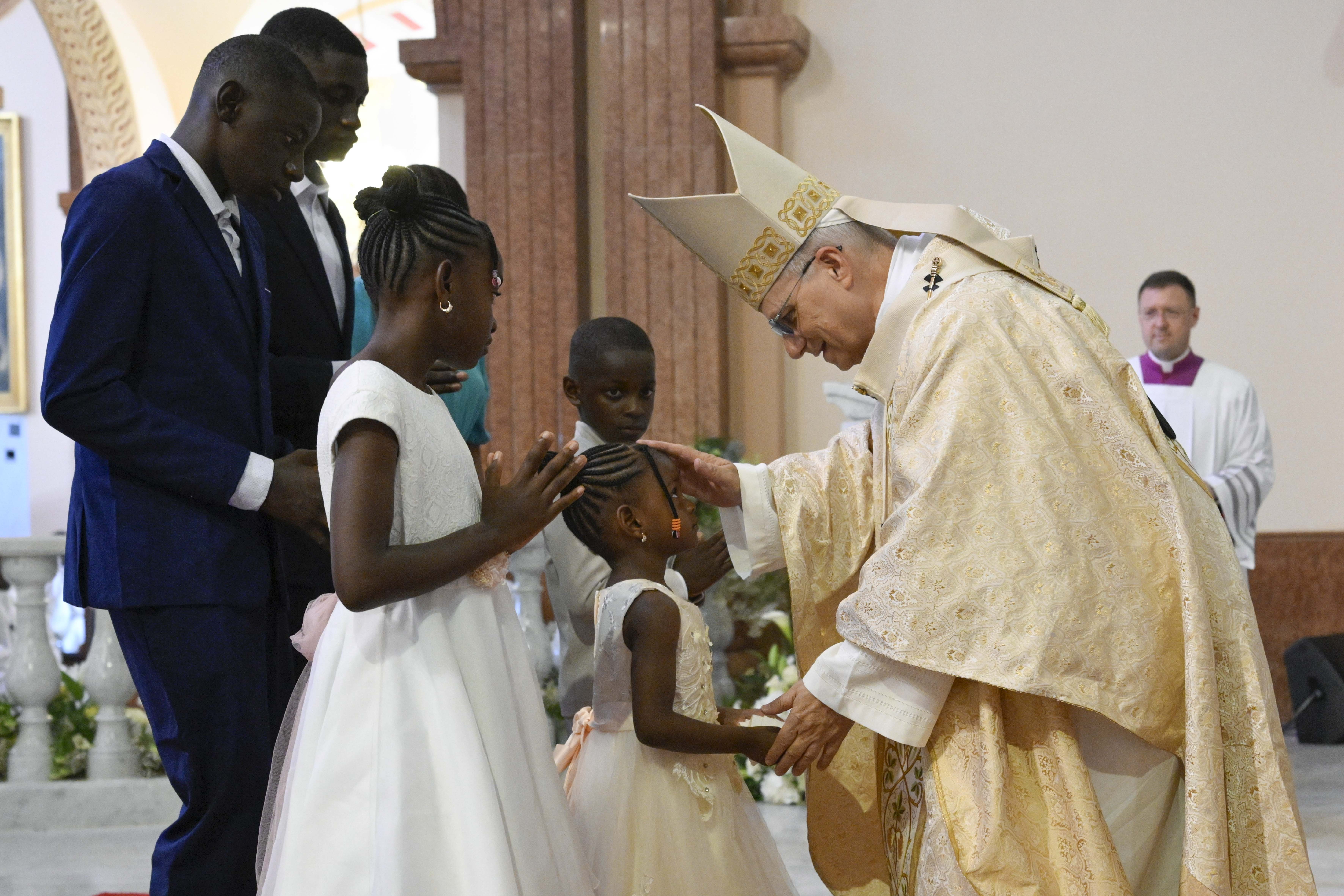 Pope Leo XIV greets Catholics during Mass at the Basilica of the Immaculate Conception in Mengomeyén, Equatorial Guinea, on Wednesday, April 22, 2026. | Credit: Vatican Media