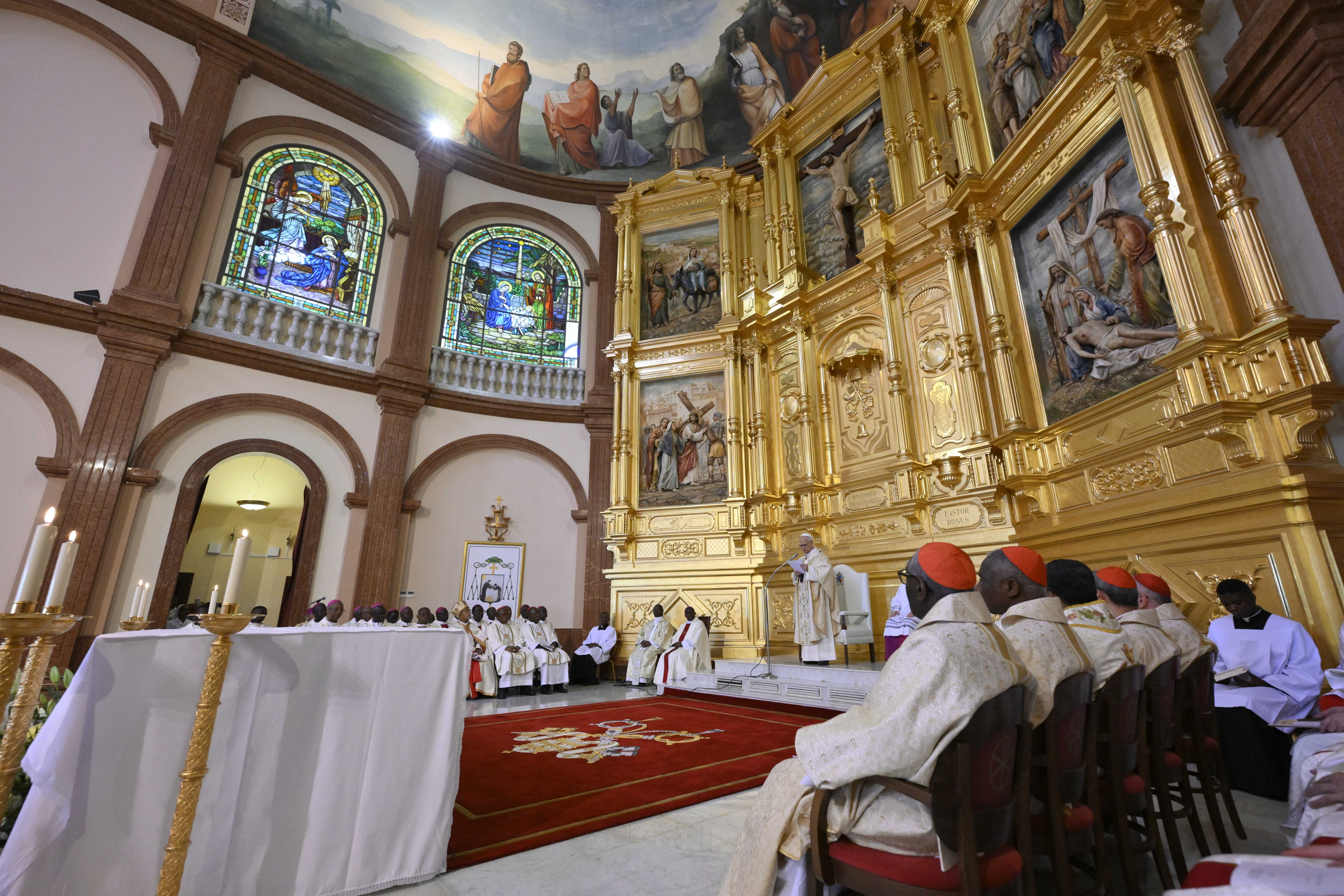 Pope Leo XIV speaks during Holy Mass at the Basilica of the Immaculate Conception in Mengomeyén, Equatorial Guinea, Wednesday, April 22, 2026. | Credit: Vatican Media