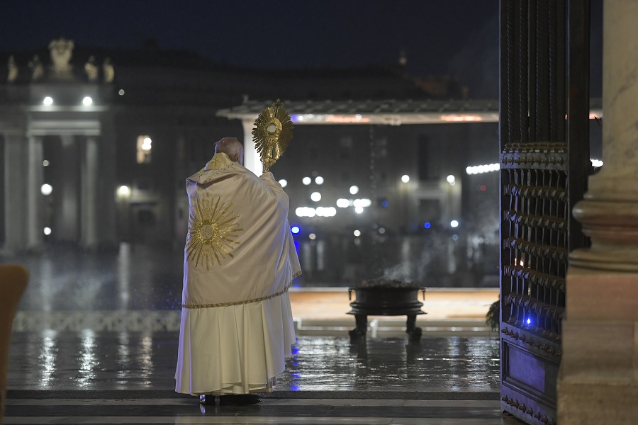 Pope Francis gives an extraordinary “urbi et orbi” blessing from the loggia of St. Peter’s Basilica on March 27, 2020. | Credit: Vatican Media