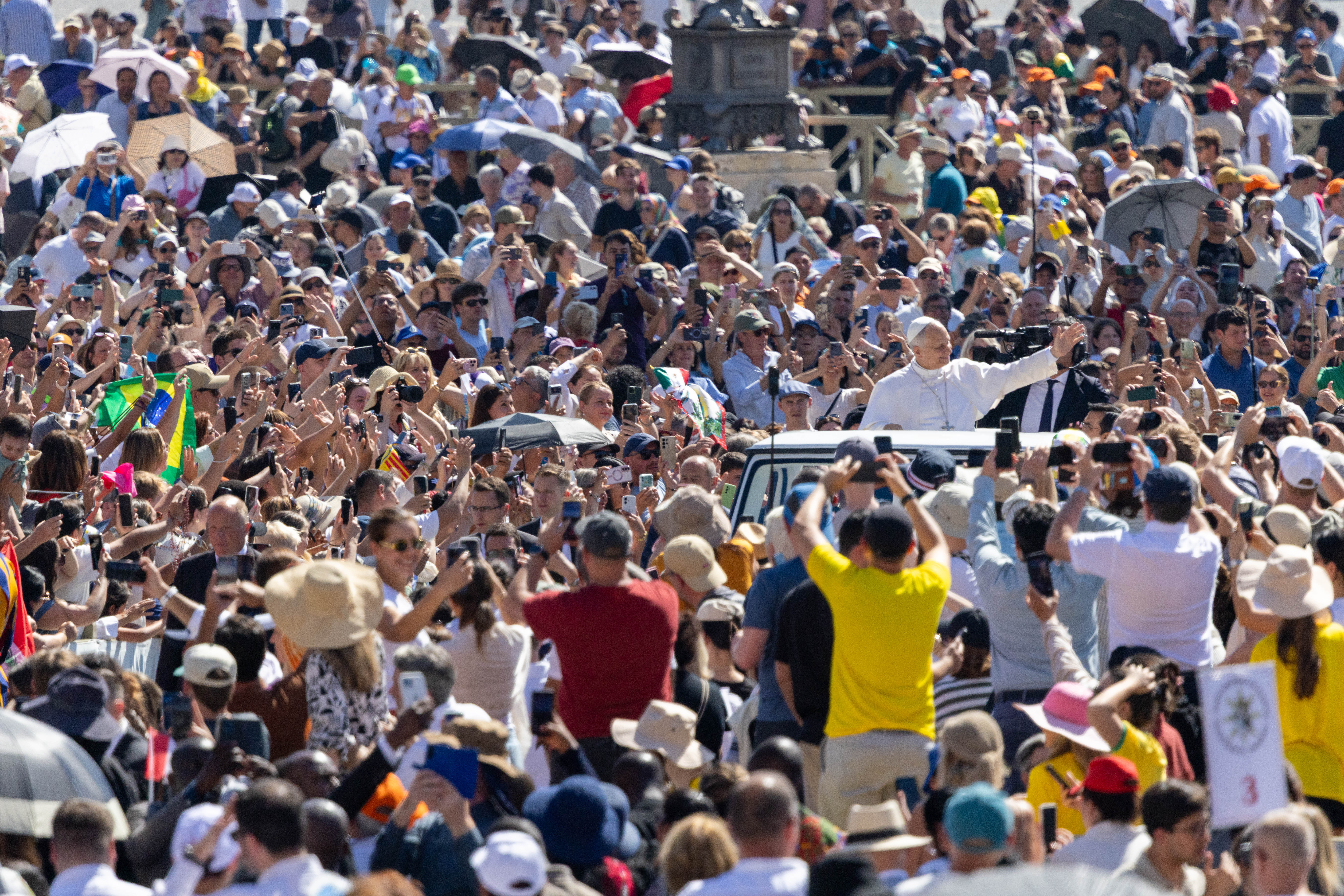 Pope Leo XIV waves to pilgrims in St. Peter’s Square during the general audience on May 27, 2026. The pope spoke about the Second Vatican Council and the need for priests to follow liturgical norms. | Credit: Daniel Ibáñez/EWTN News