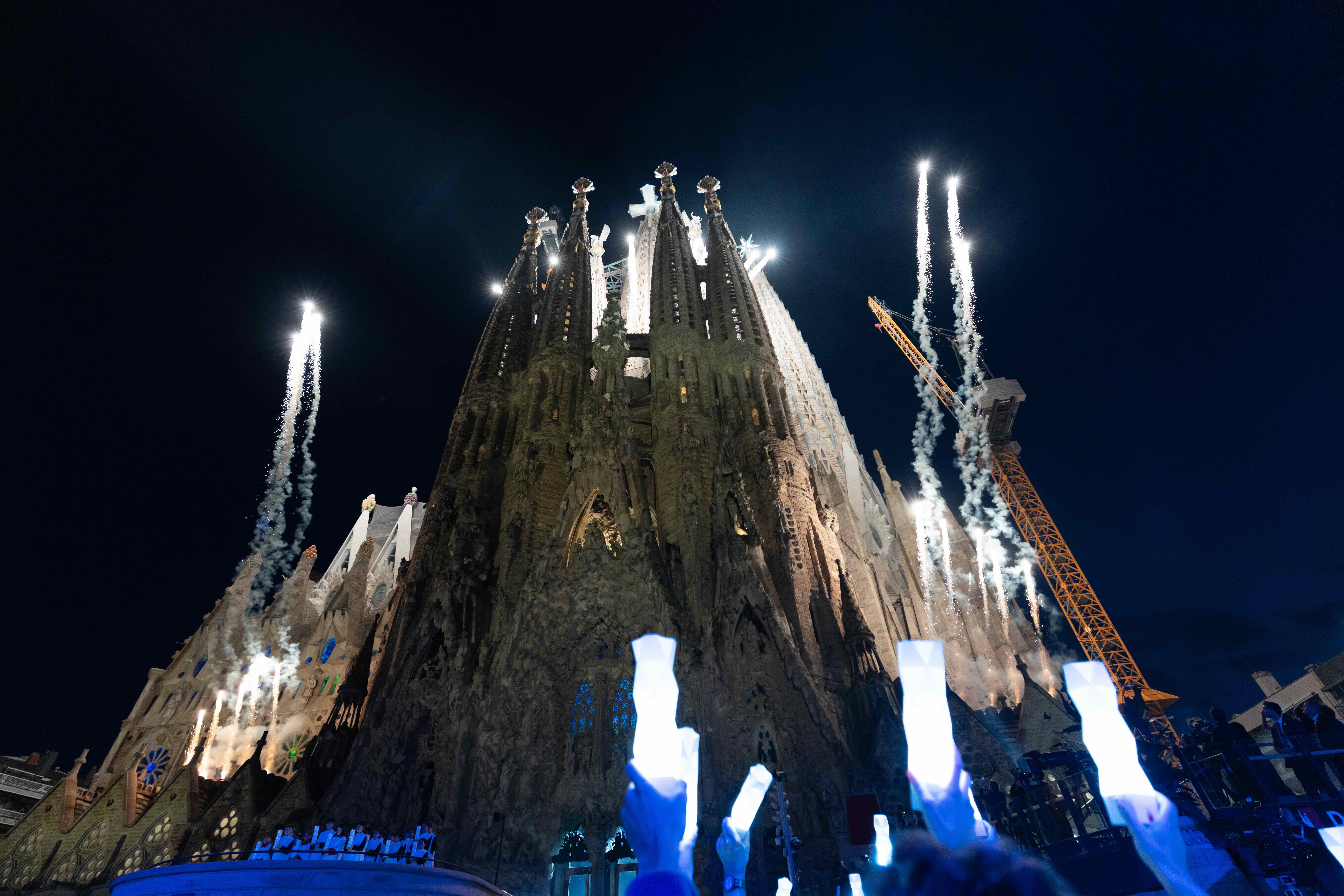 Fireworks rise up alongside the Basilica of the Sagrada Familia during the celebration of the inauguration of the Tower of Jesus Christ. | Credit: Daniel Ibáñez/EWTN News