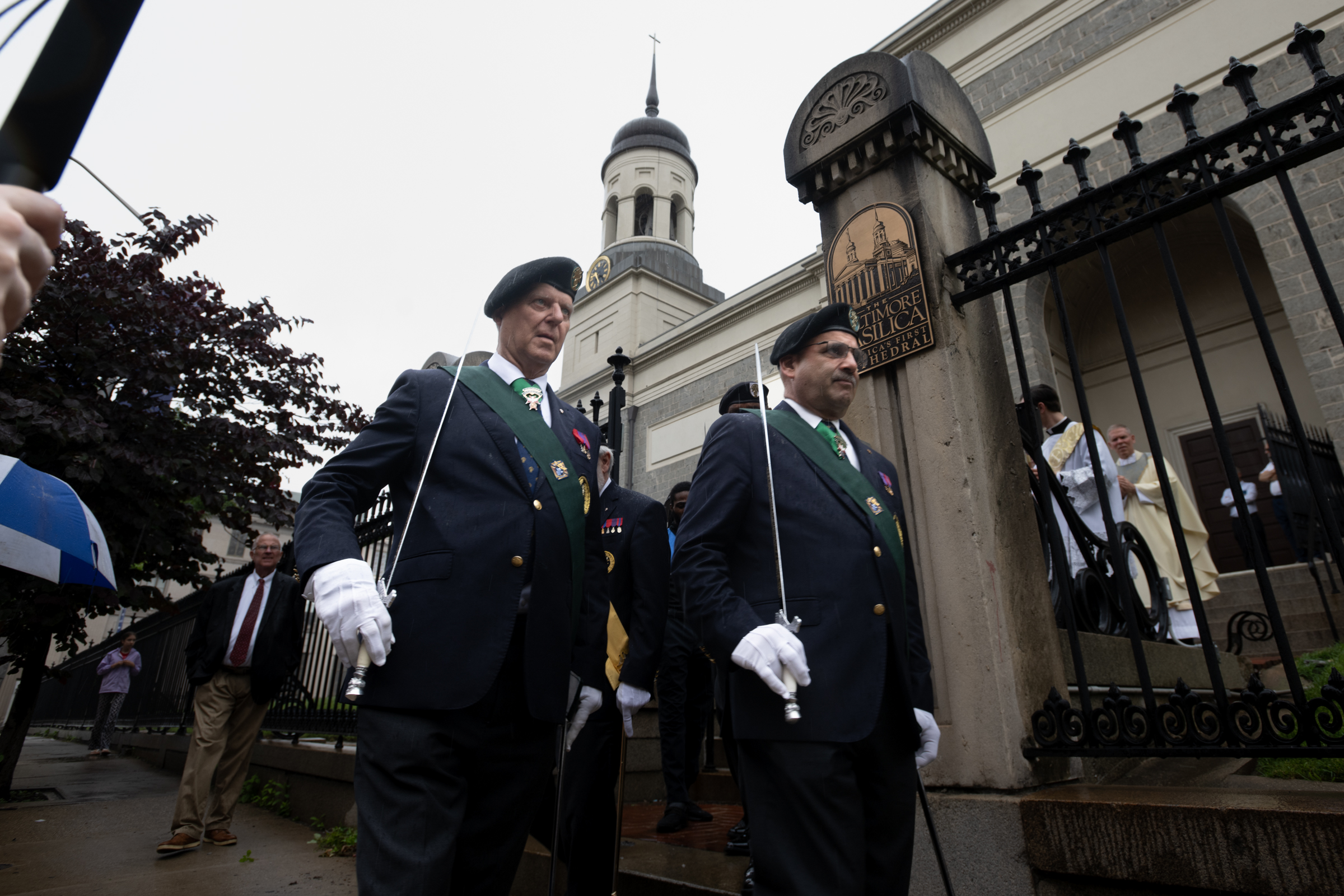 Members of the Knights of Columbus depart the Basilica of the National Shrine of the Assumption of the Blessed Virgin Mary before a Eucharistic procession in Baltimore, Maryland, June 10, 2026. | Credit: Jeffrey Bruno/EWTN News