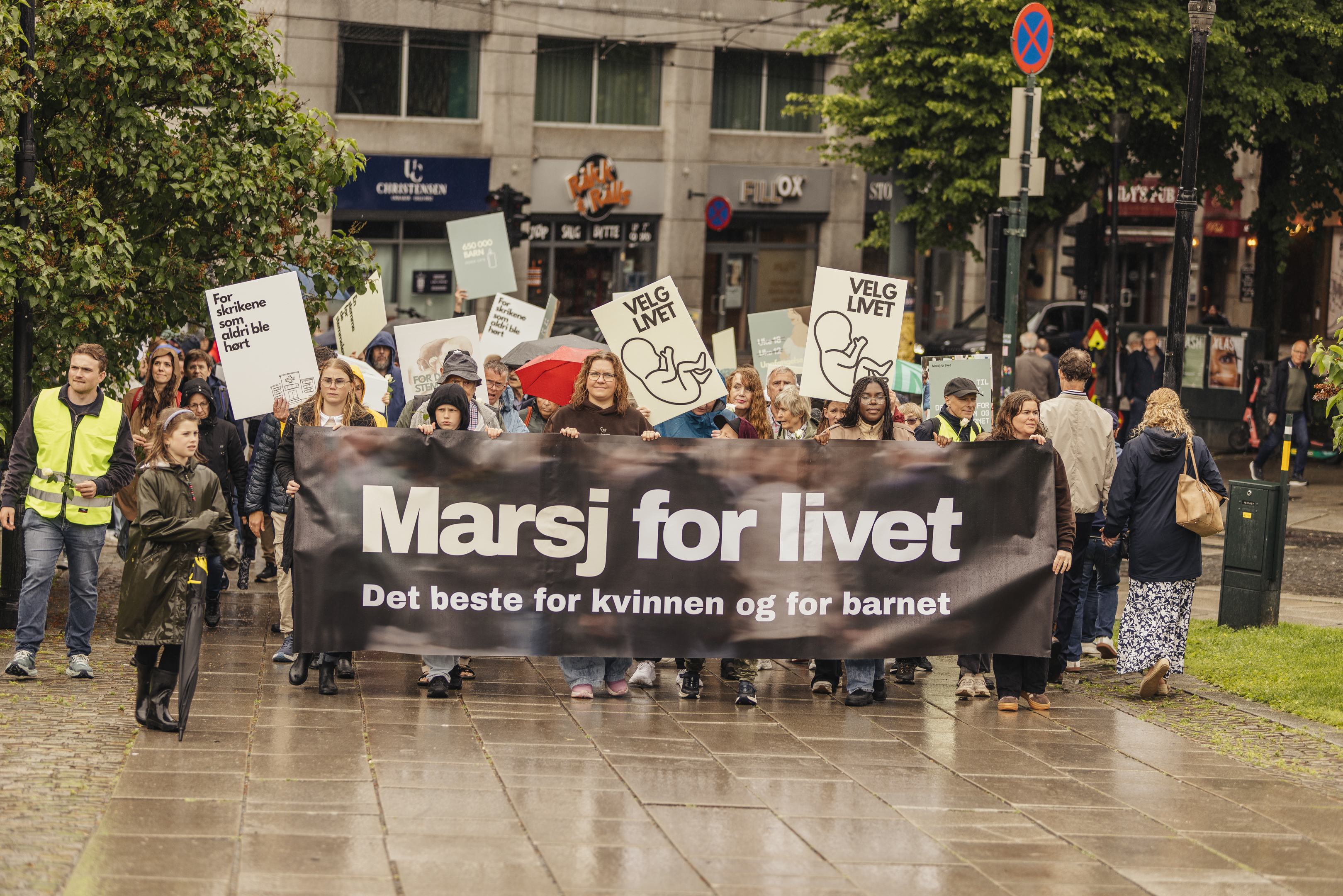Marchers carry a banner reading “Marsj for Livet” (“March for Life”) through central Oslo, Norway, on June 13, 2026. | Credit: Bendik Bruun Edvardsen