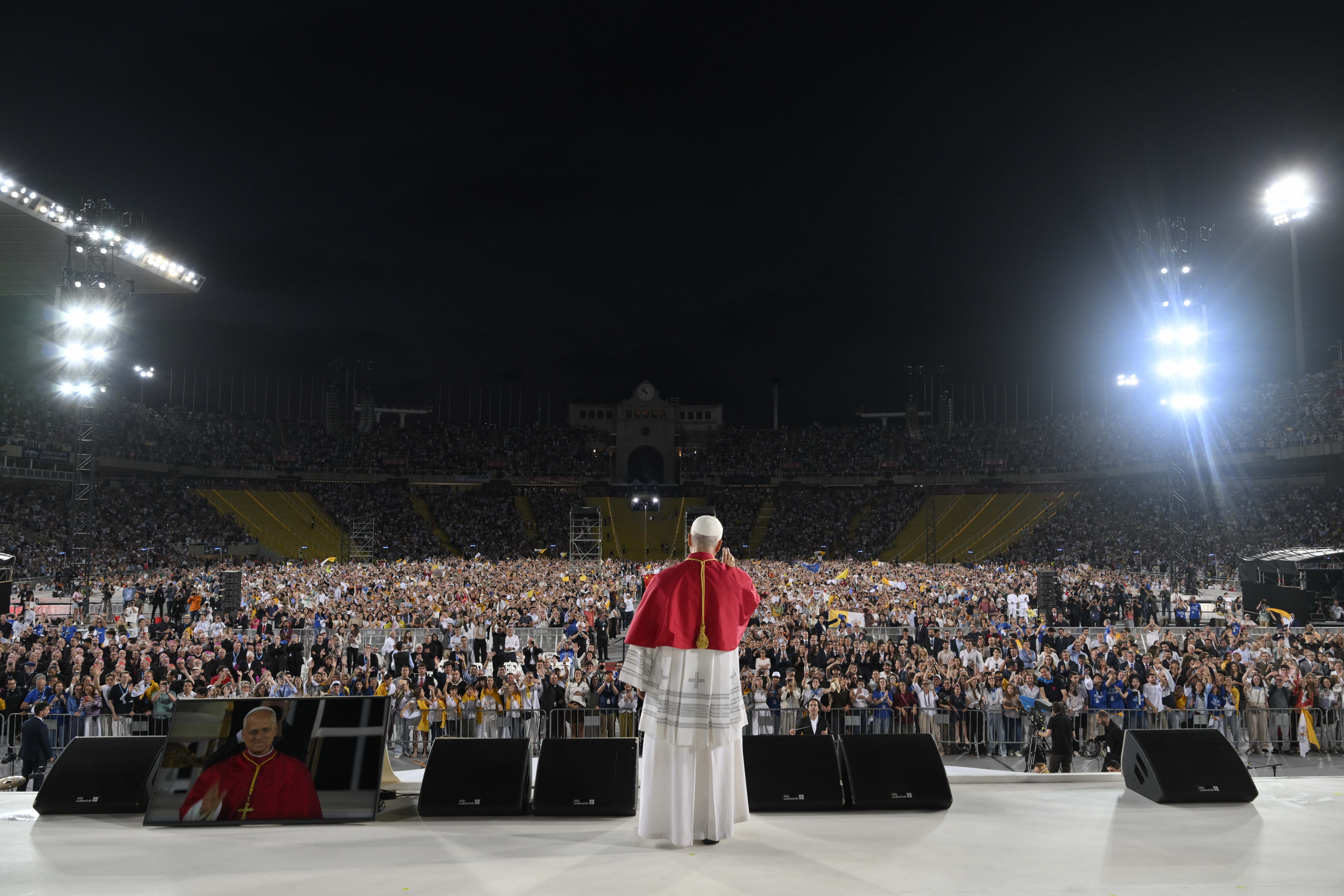 Pope Leo XIV participates in a prayer vigil at Lluís Companys Olympic Stadium in Barcelona, Spain, June 9, 2026. The Holy Fatherʼs weeklong trip to Spain includes visits to historic Catholic sites and a trip to the Canary Islands. | Credit: Vatican Media