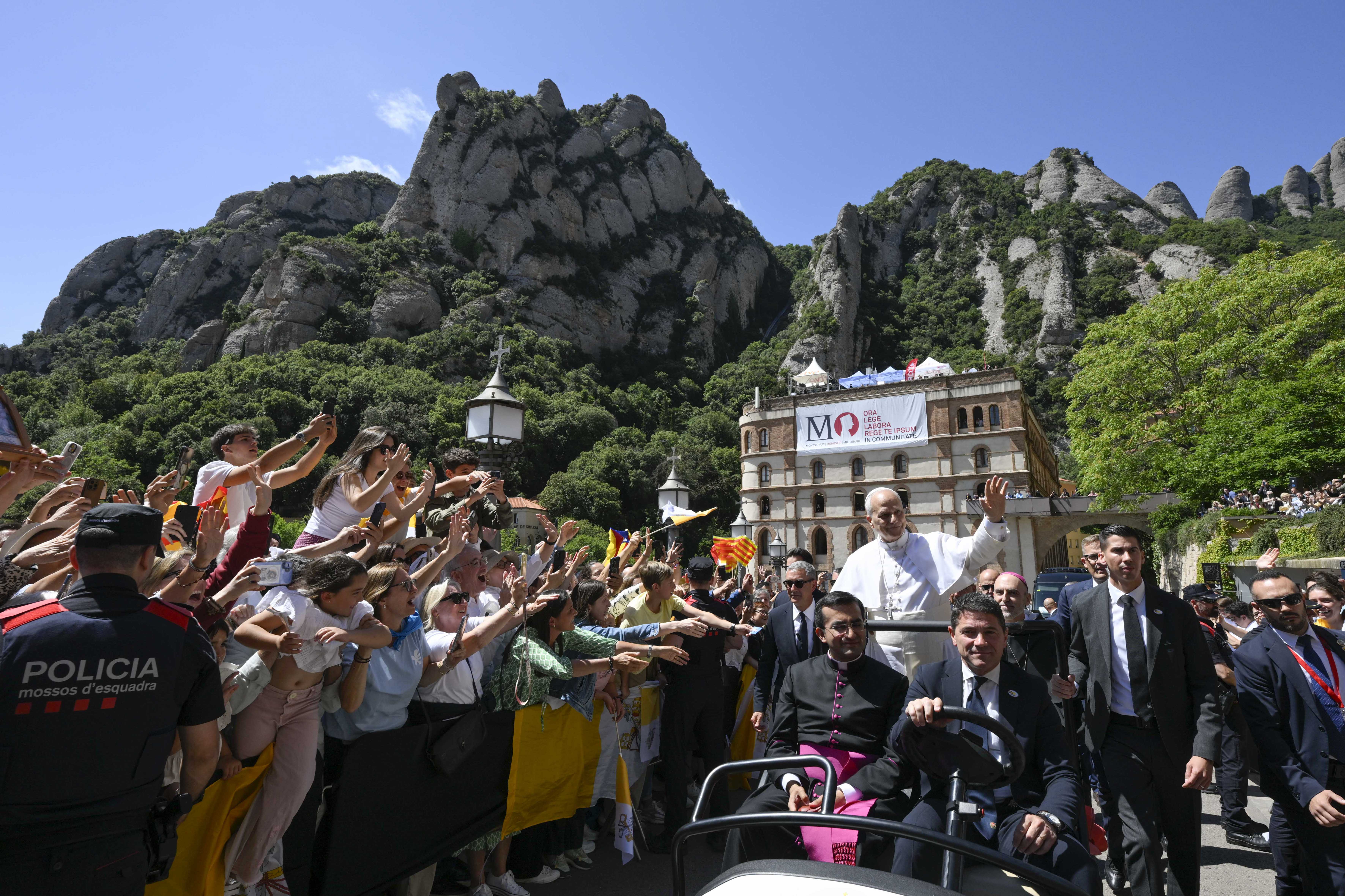 Pope Leo XIV greets crowds at the Abbey of Our Lady of Montserrat, June 10, 2026. The Holy Father’s weeklong trip to Spain includes visits to historic Catholic sites and a trip to the Canary Islands. | Credit: Vatican Media