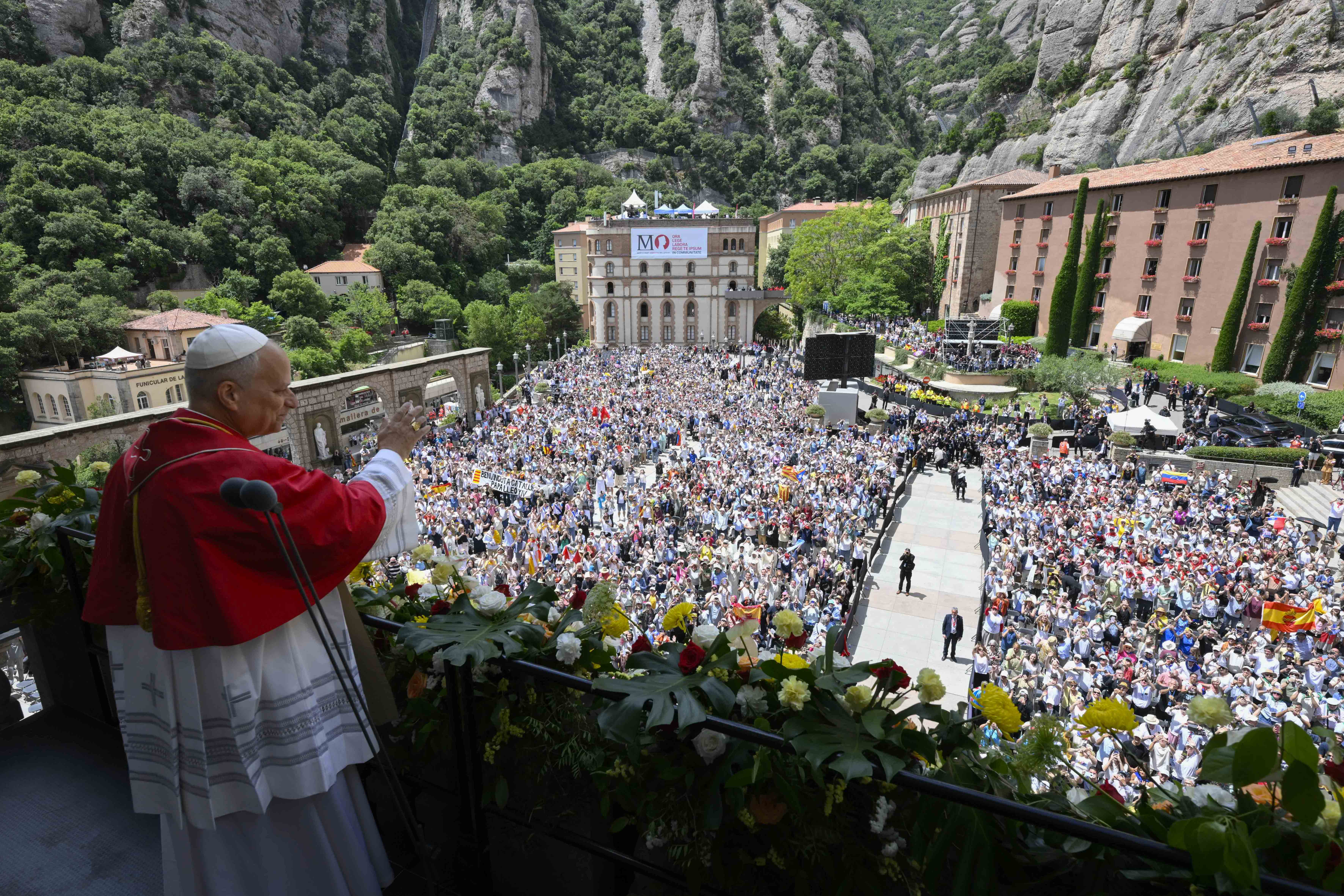 Pope Leo XIV greets crowds at the Abbey of Our Lady of Montserrat, June 10, 2026. The Holy Father’s weeklong trip to Spain includes visits to historic Catholic sites and a trip to the Canary Islands. | Credit: Vatican Media