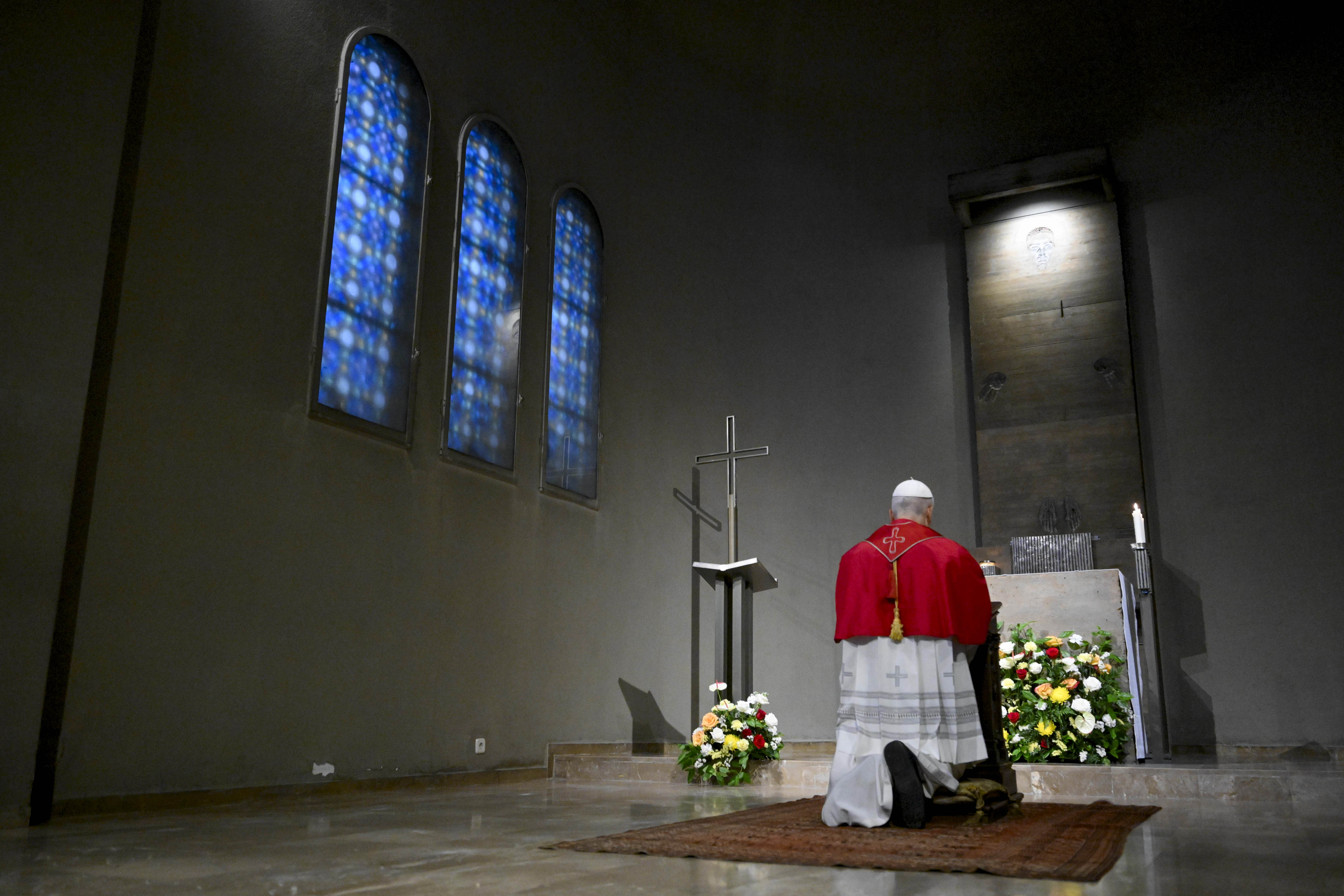 Pope Leo XIV prays at the Abbey of Our Lady of Montserrat, June 10, 2026. The Holy Father’s weeklong trip to Spain includes visits to historic Catholic sites and a trip to the Canary Islands. | Credit: Vatican Media