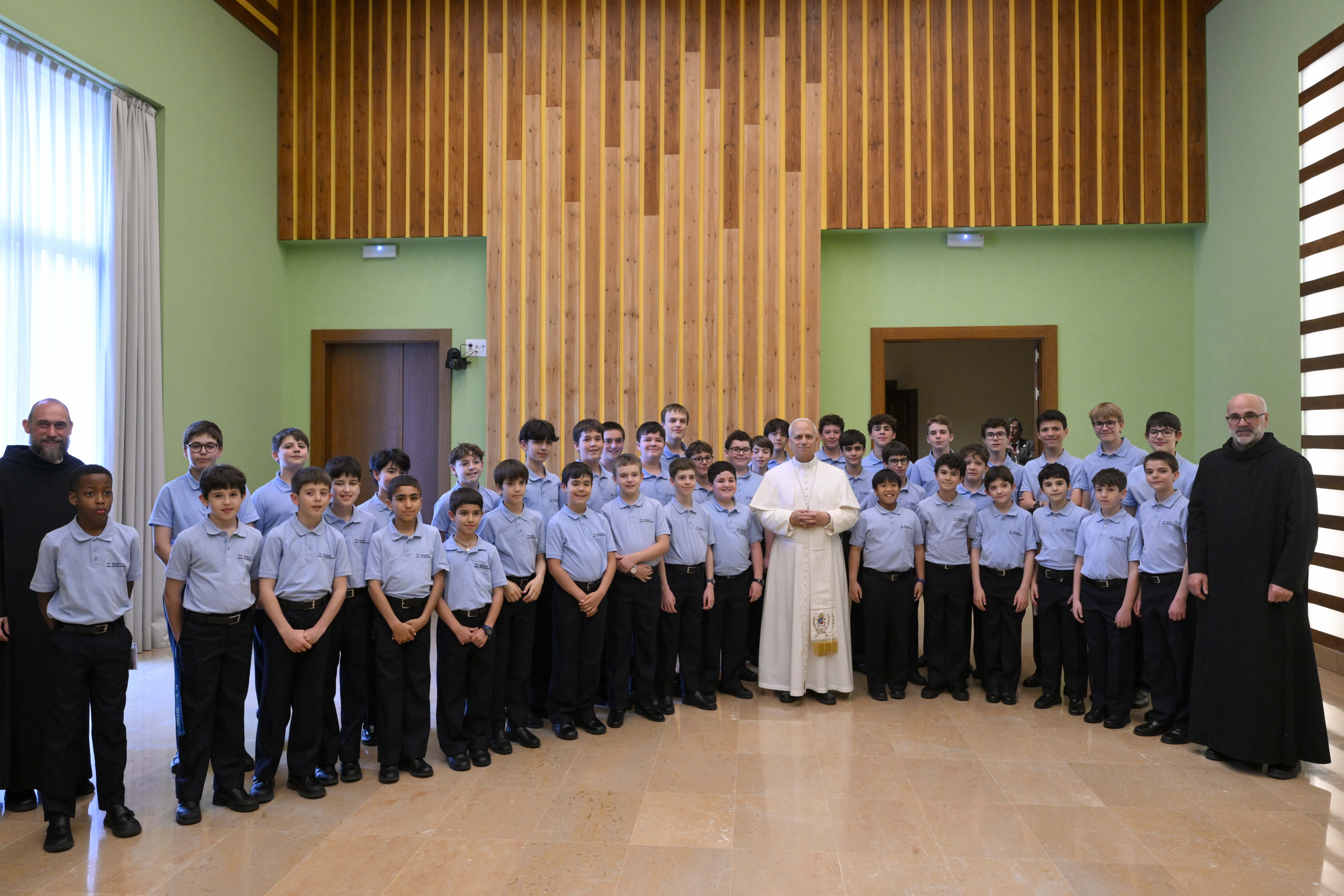Pope Leo XIV meets with students while visiting the Benedictine community of Montserrat in Spain, June 10, 2026. The Holy Father’s weeklong trip to Spain includes visits to historic Catholic sites and a trip to the Canary Islands. | Credit: Vatican Media