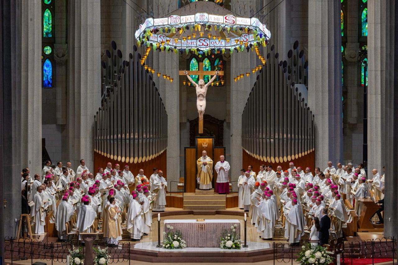 Pope Leo XIV says Mass at the Basilica of the Sagrada Familia in Barcelona, Spain, June 10, 2026. The towering church has been under construction since the 1880s. | Credit: Daniel Ibáñez/EWTN News