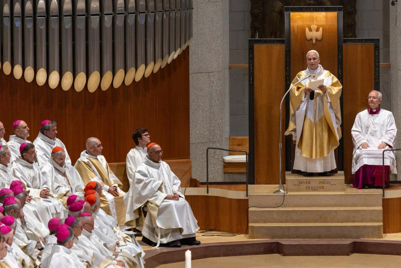 Pope Leo XIV speaks during Mass at the Basilica of the Sagrada Familia in Barcelona, Spain, June 10, 2026. The towering church has been under construction since the 1880s. | Credit: Daniel Ibáñez/EWTN News