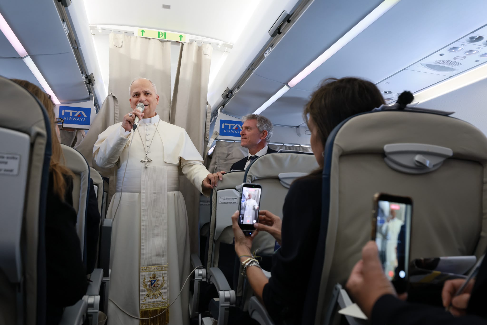 Pope Leo XIV speaks to journalists aboard the papal plane from Rome to Madrid on June 6, 2026. | Credit: Daniel Ibanez/EWTN News