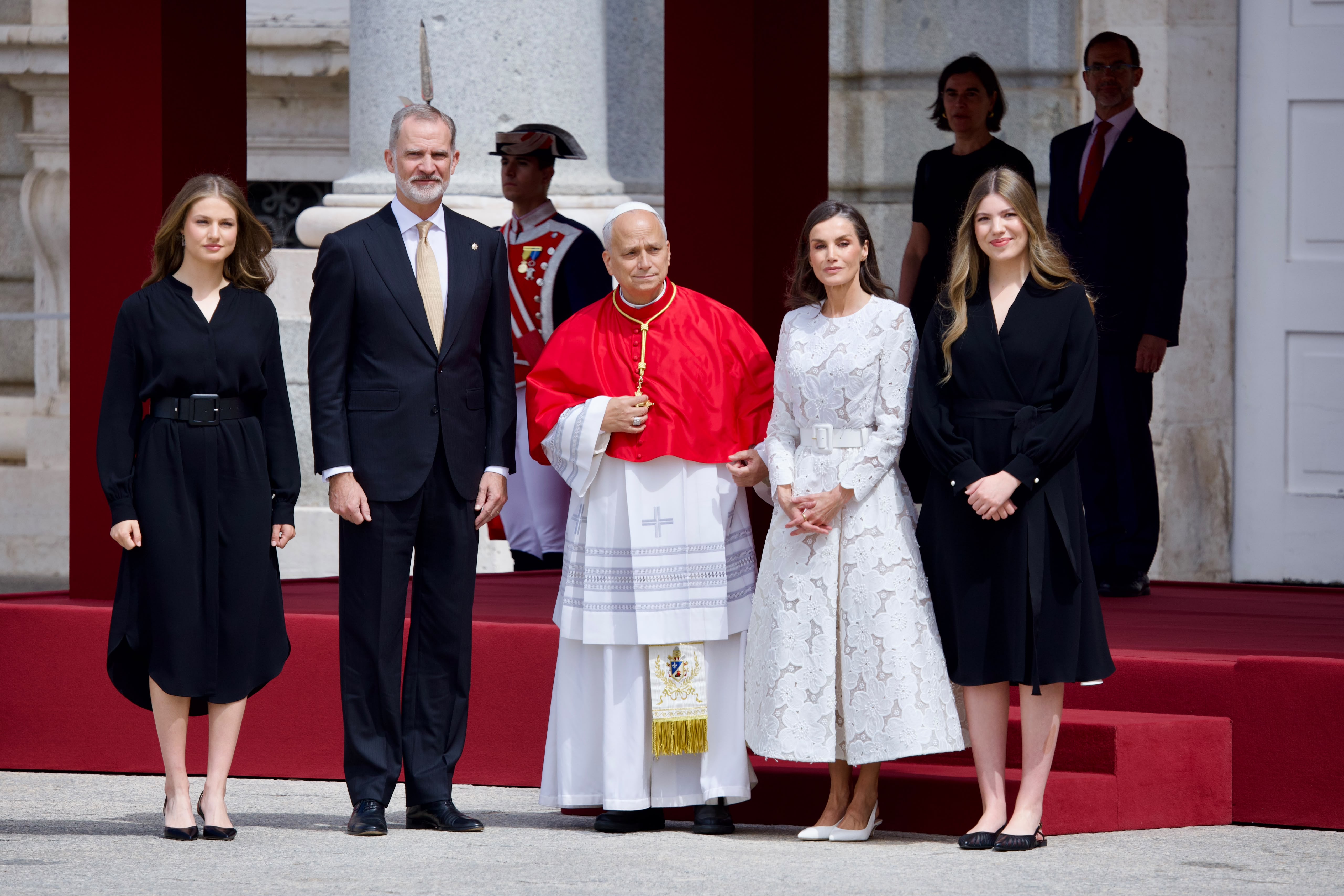 Pope Leo XIV is welcomed to Spain by King Felipe VI, Queen Letizia, and their daughters Princess Leonor and Infanta Sofia, in a welcome ceremony at the Royal Palace in Madrid. | Credit: Daniel Ibanez/EWTN News
