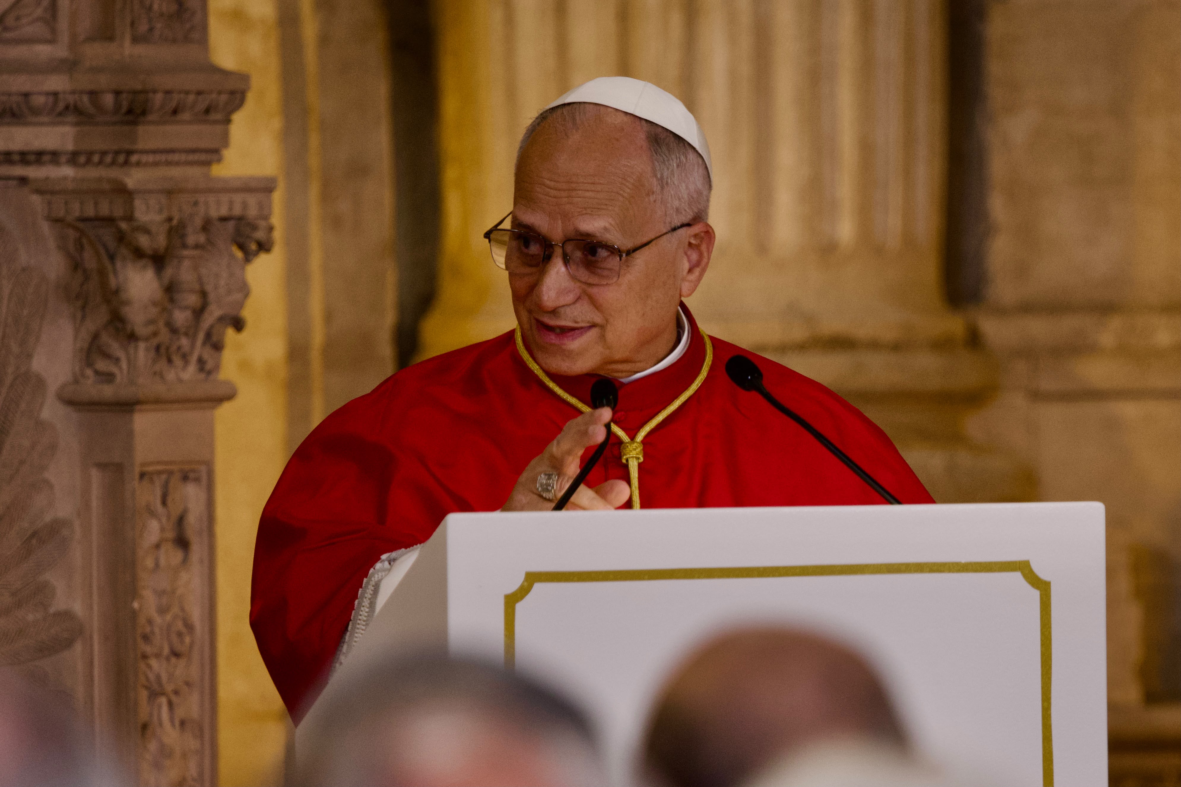 Pope Leo XIV addresses the king and queen of Spain, authorities, and the diplomatic corps at the Royal Palace in Madrid on June 6, 2026, the first day of his apostolic journey to Spain. | Credit: Daniel Ibanez/EWTN News
