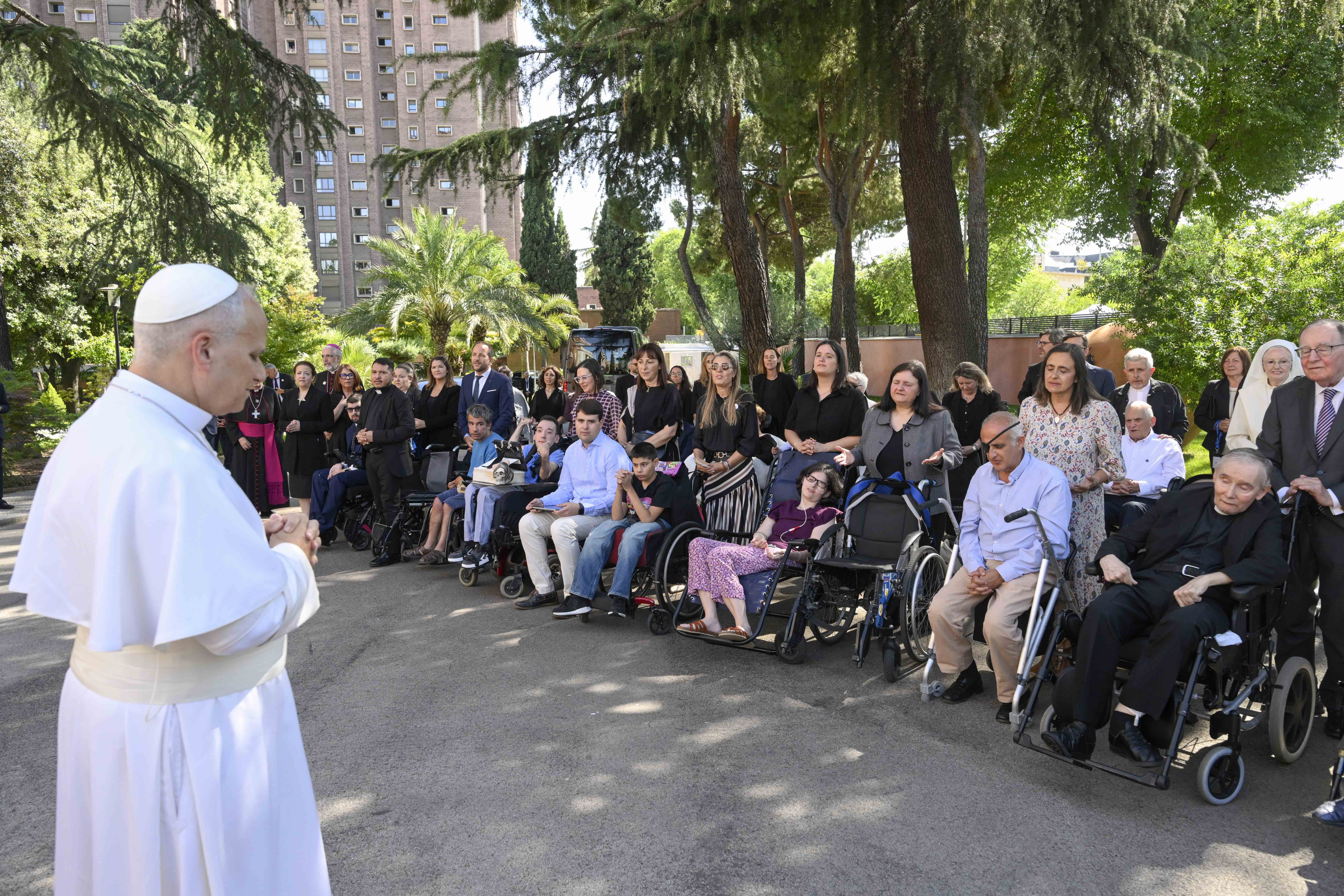 Pope Leo XIV meets with a group of around 40 people with longterm illnesses or disabilities who are cared for by charities in the Archdiocese of Madrid on June 6, 2026, at the nunciature in Madrid, Spain. | Credit: Vatican Media.