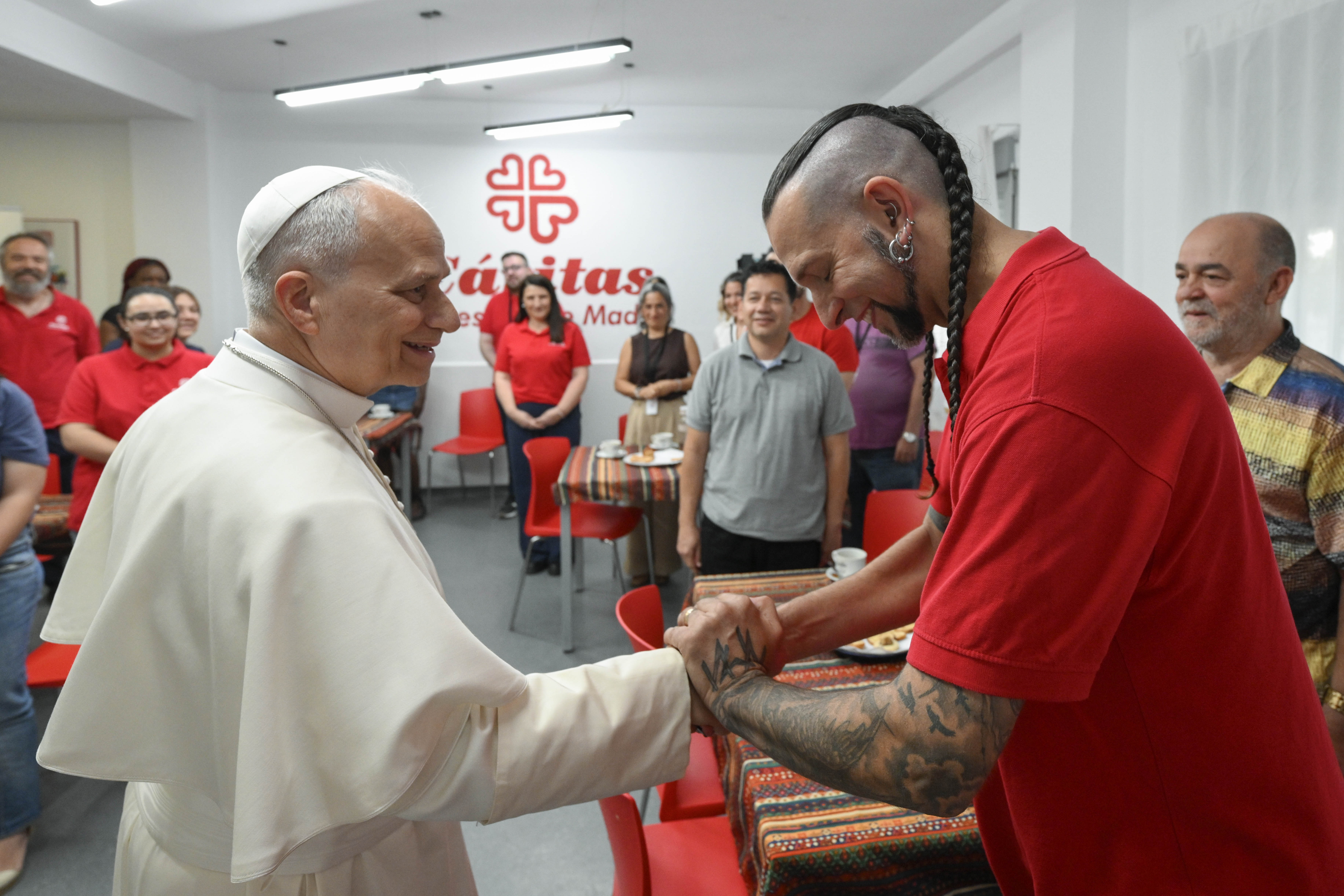 Pope Leo XIV meets staff and beneficiaries, including migrants, of the CEDIA 24 Horas center, part of the Caritas of the Archdiocese of Madrid in Spain on June 6, 2026. | Credit: Vatican Media