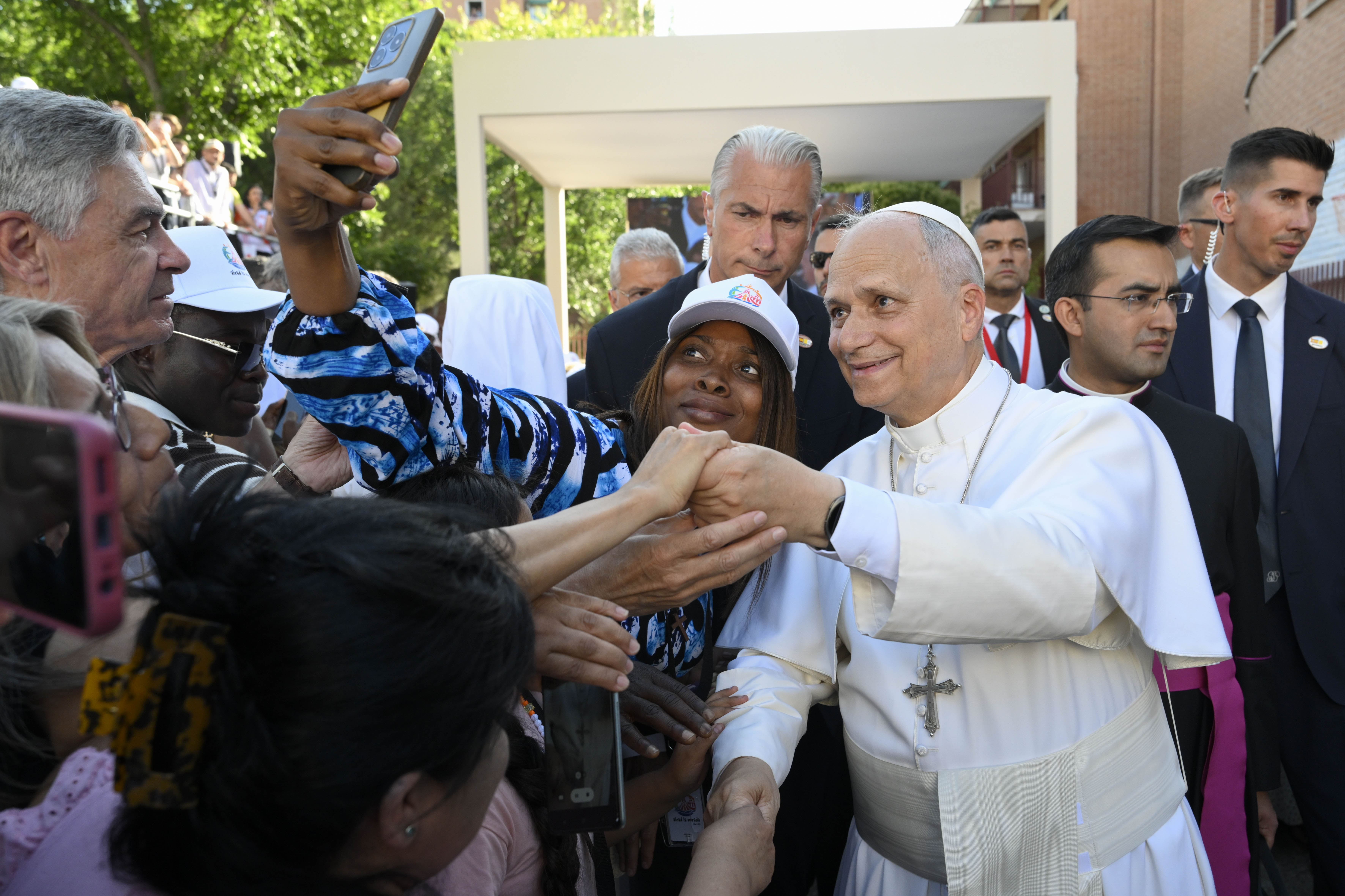 Pope Leo XIV meets staff and beneficiaries, including migrants, of the CEDIA 24 Horas center, part of the Caritas of the Archdiocese of Madrid in Spain on June 6, 2026. | Credit: Vatican Media