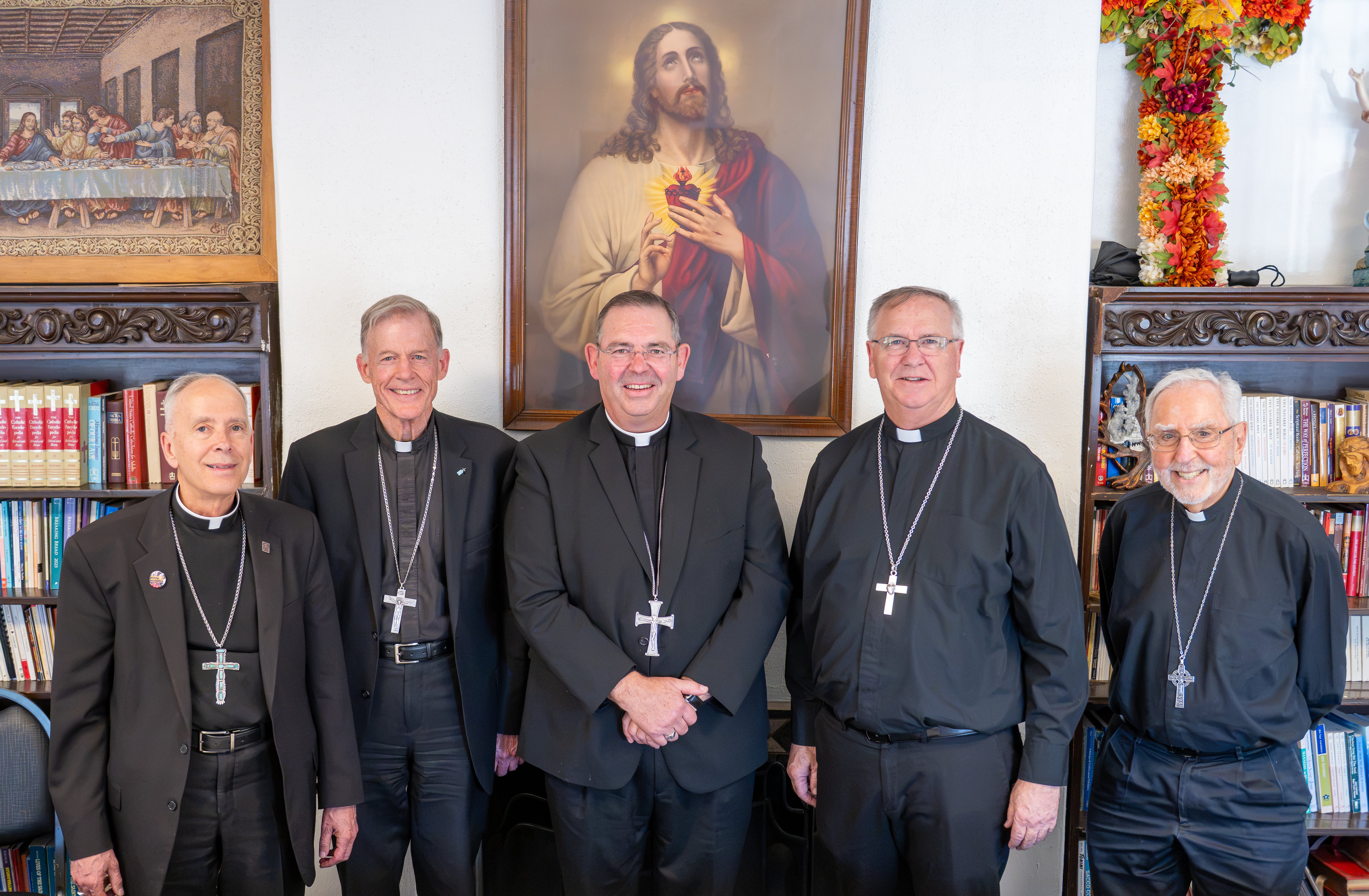 Bishop Mark Seitz of El Paso, Texas; Archbishop John Wester of Santa Fe, New Mexico; Bishop James Misko of Tucson, Arizona; Bishop John Dolan of Phoenix; and Bishop Gerald Kicanas of Tucson, Arizona, gather for the Border Mass 250 in Nogales, Arizona on June 26, 2026. | Credit: Photo courtesy of Brett Meister/Diocese of Phoenix