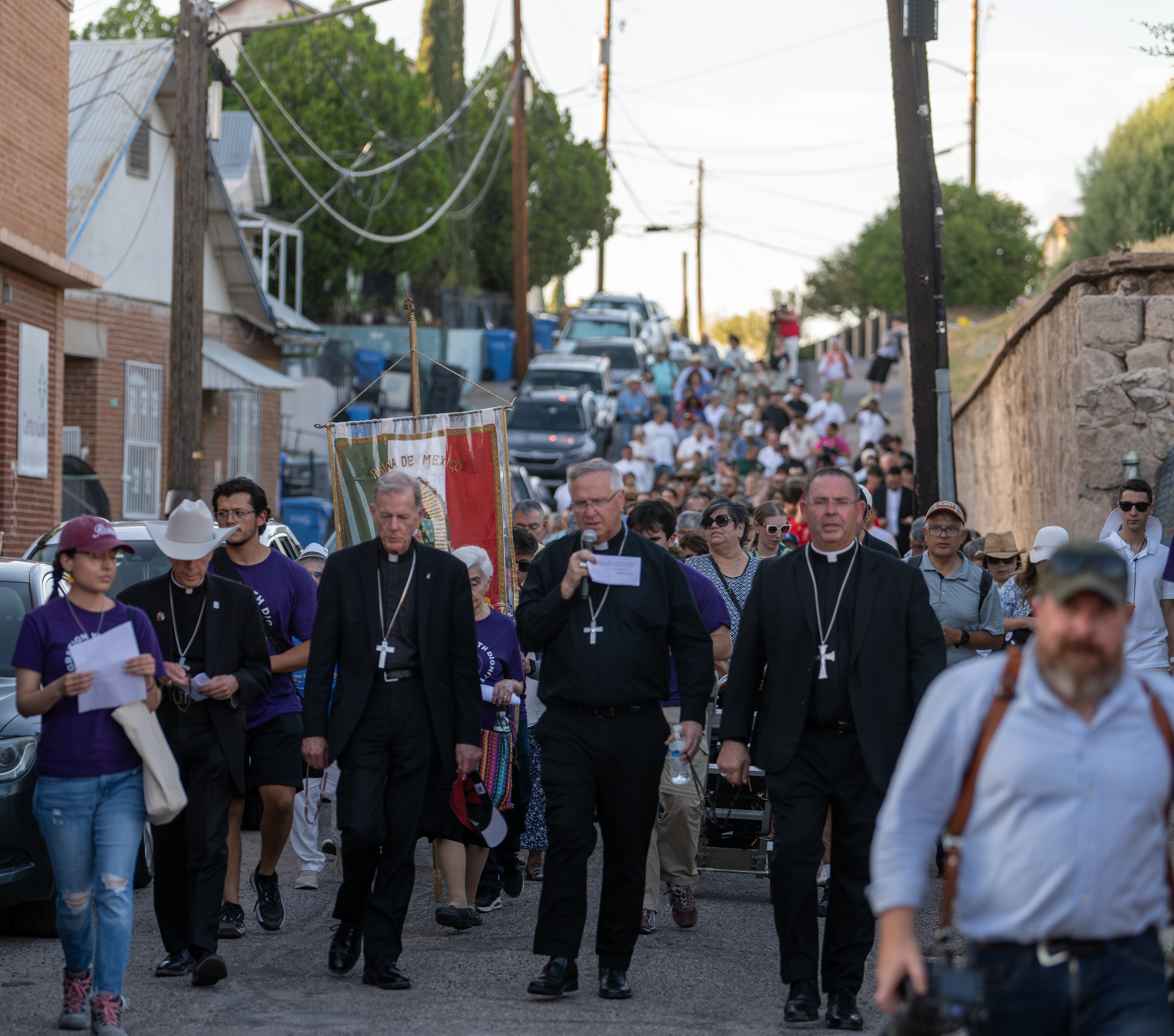 Bishop Mark Seitz of El Paso, Texas; Archbishop John Wester of Santa Fe, New Mexico; Bishop John Dolan of Phoenix; and Bishop James Misko of Tucson, Arizona, lead the Border Mass 250 rosary procession from Nogales, Arizona, to Nogales, Sonora, Mexico, on June 26, 2026. | Credit: Photo courtesy of Brett Meister/Diocese of Phoenix