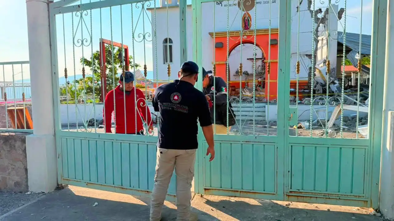 Civil Protection personnel conduct inspections on July 26, 2026, at the Parish of Our Lady of Guadalupe in Cocula, Guerrero, Mexico, following a fireworks explosion. | Credit: Cocula Municipal Government