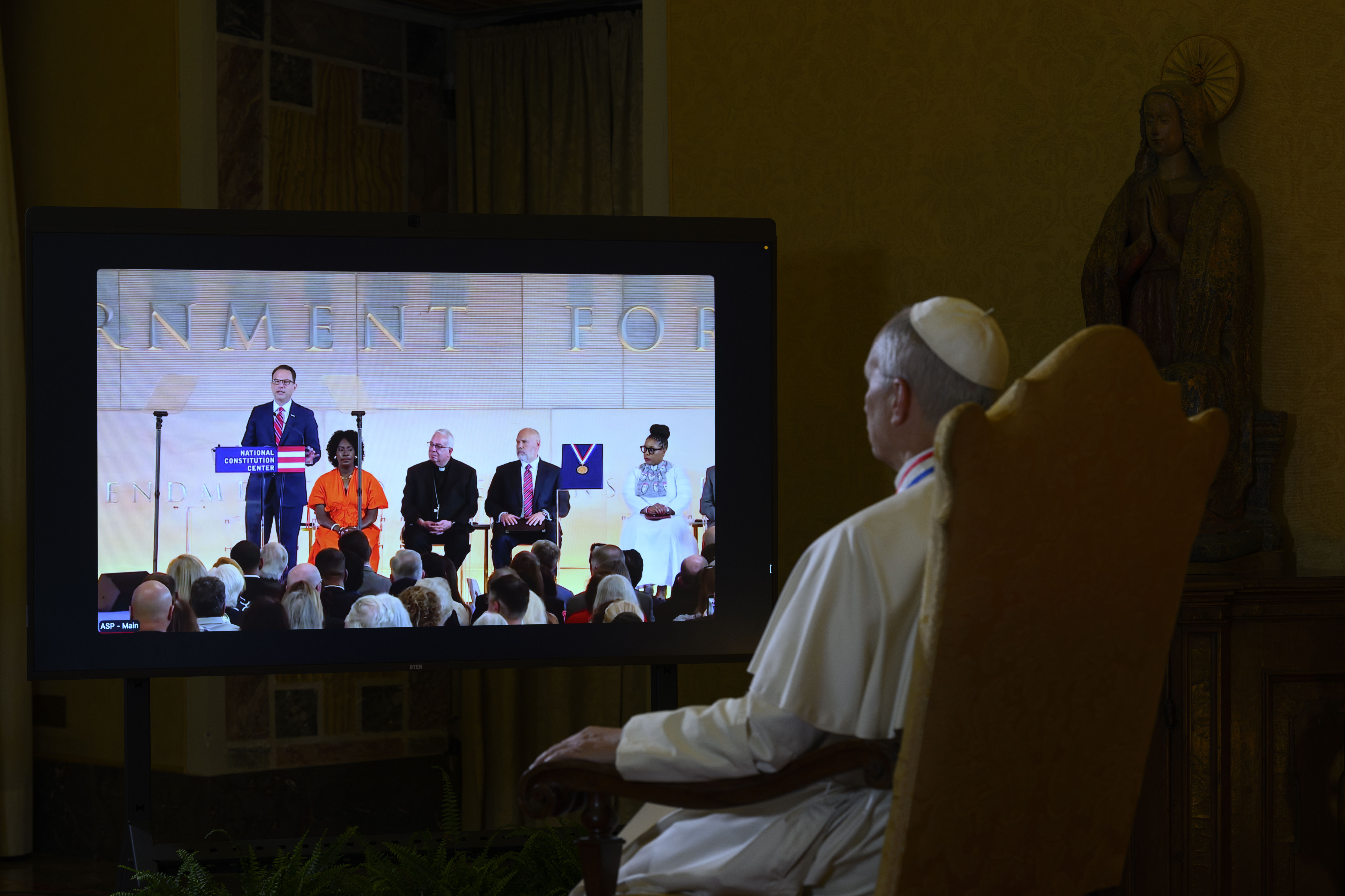Pope Leo XIV watches the livestreamed ceremony between the Vatican and the National Constitution Center in Philadelphia on July 3, 2026. | Credit: Vatican Media
