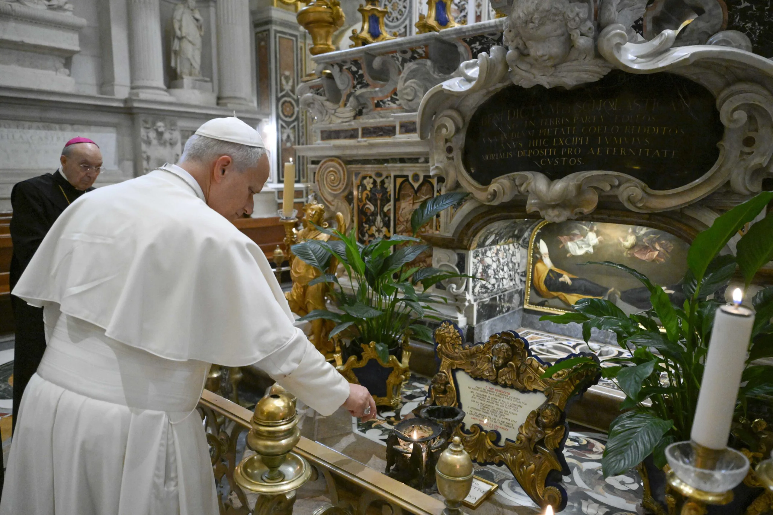 Pope Leo XIV makes private visit to St. Benedict’s tomb, prays for peace