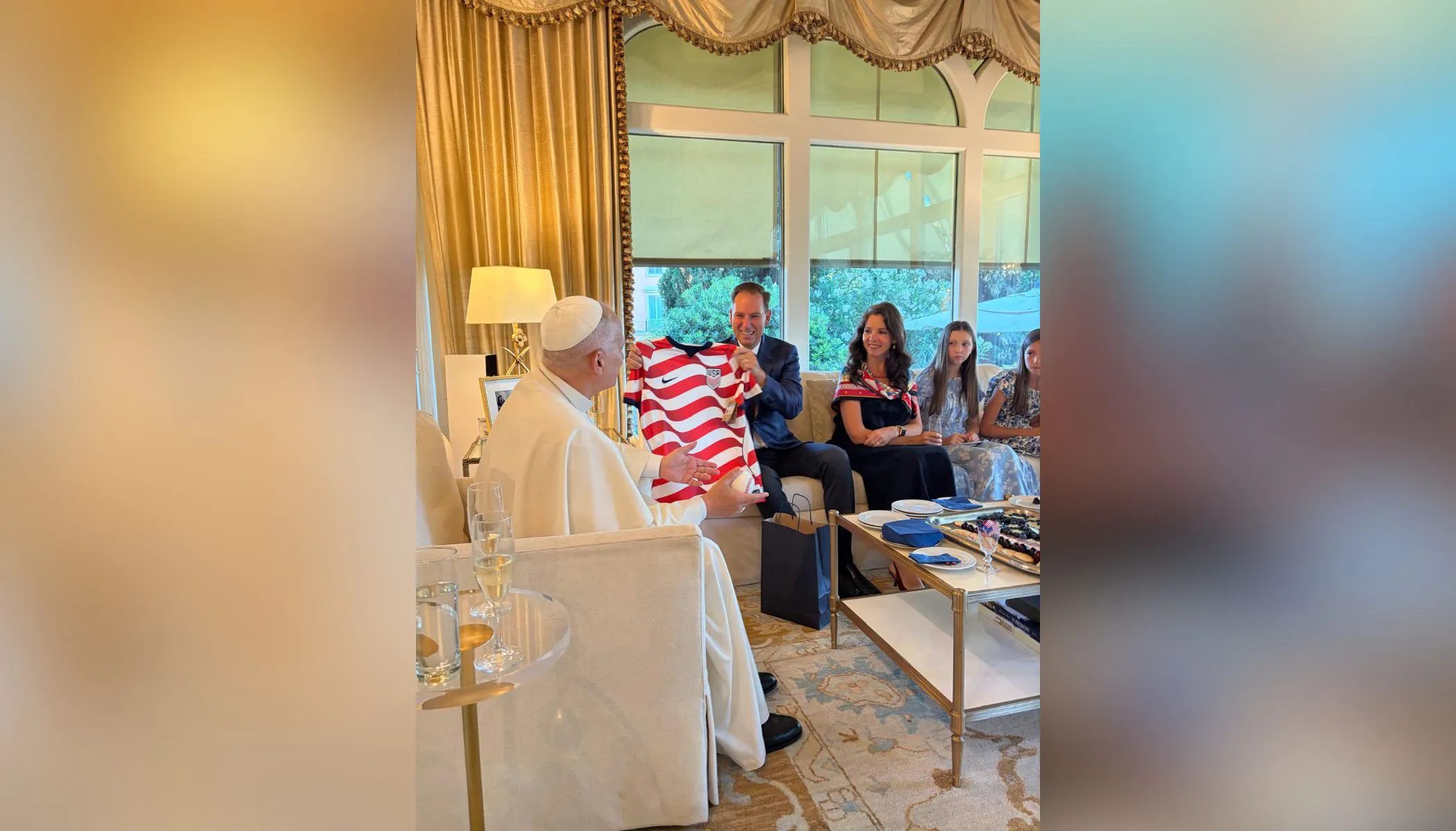 Pope Leo XIV has dinner with U.S. Ambassador Brian Burch and his family at the ambassador’s residence in Rome on July 4, 2026. | Credit: U.S. Embassy to the Holy See