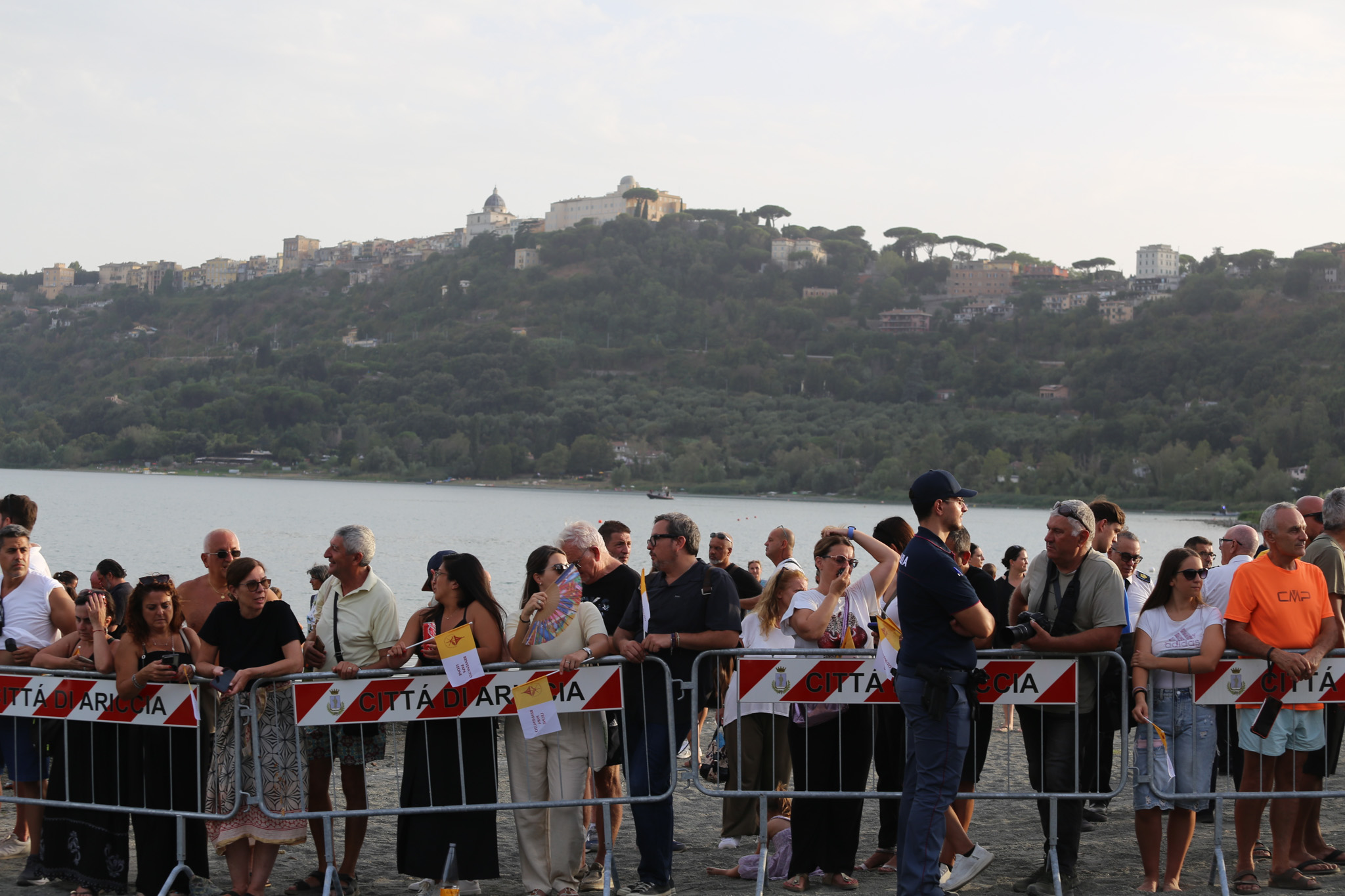 Pilgrims gather at Lake Albano, Castel Gandolfo, Aug. 29, 2026. Pope Leo XIV took part in a Marian procession on the lake, becoming the first pope to travel by boat across the waters there according to the Vatican. | Credit: Zofia Czubak/EWTN News