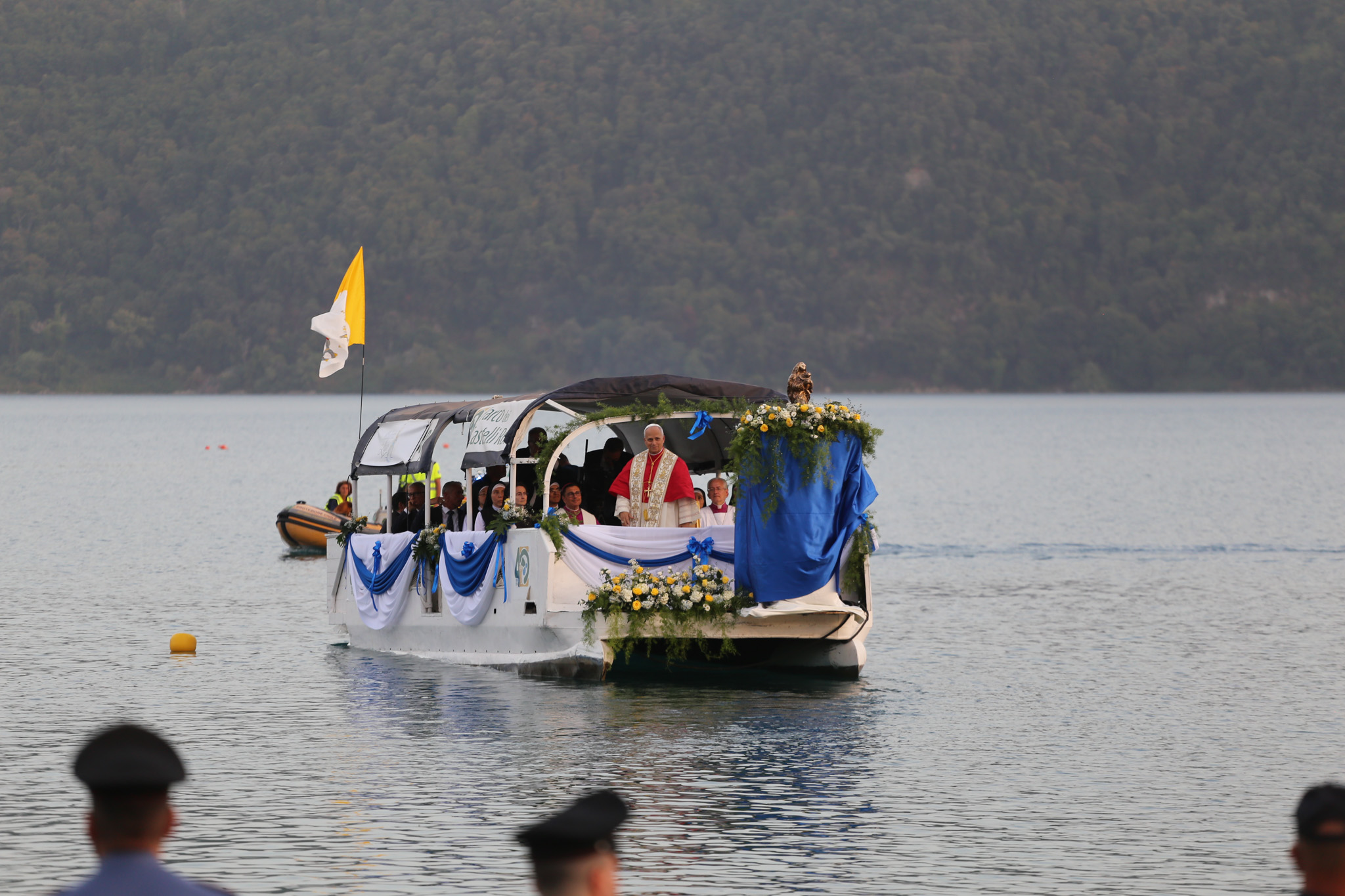 Pope Leo XIV travels across Lake Albano, Castel Gandolfo, Aug. 29, 2026. Leo took part in a Marian procession on the lake, becoming the first pope to travel by boat across the waters there according to the Vatican. | Credit: Zofia Czubak/EWTN News