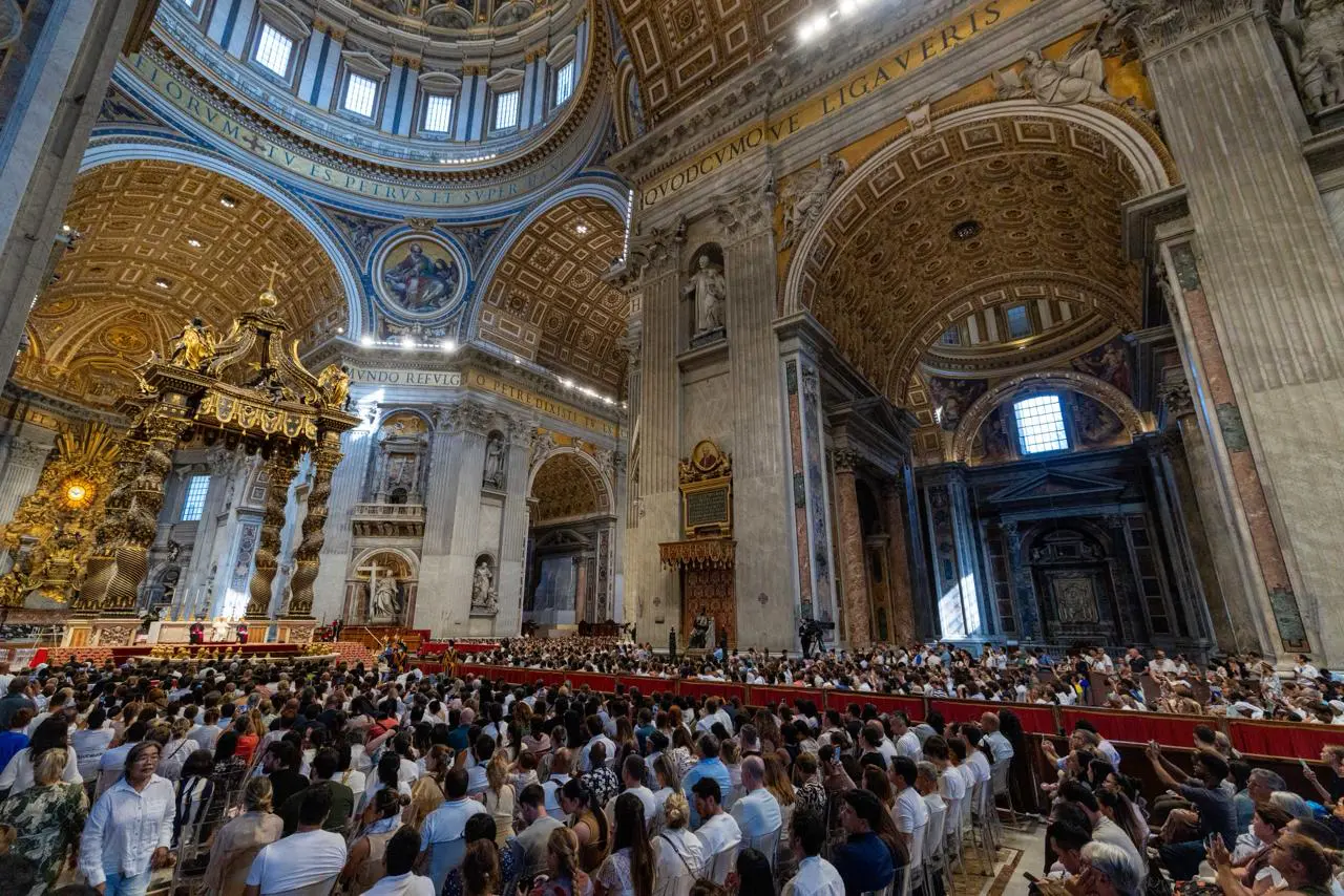 The faithful gathered in St. Peter’s Basilica during Pope Leo XIV’s general audience on Aug. 12, 2026. | Credit: Daniel Ibáñez/EWTN News