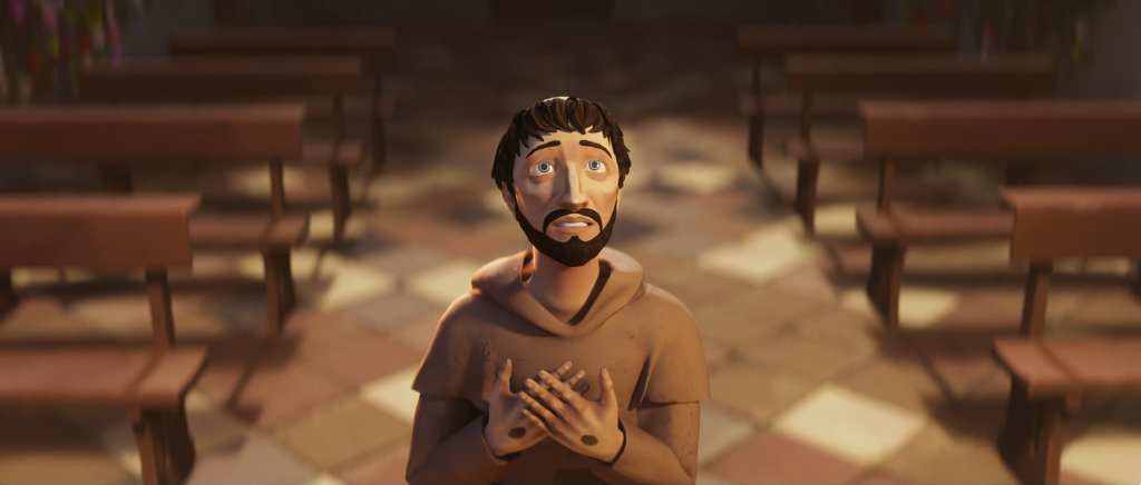 A 3D-animated St. Francis of Assisi prays inside San Damiano Church in a scene from “The Francis Chronicles.” | Credit: Courtesy of Cantiva Studios