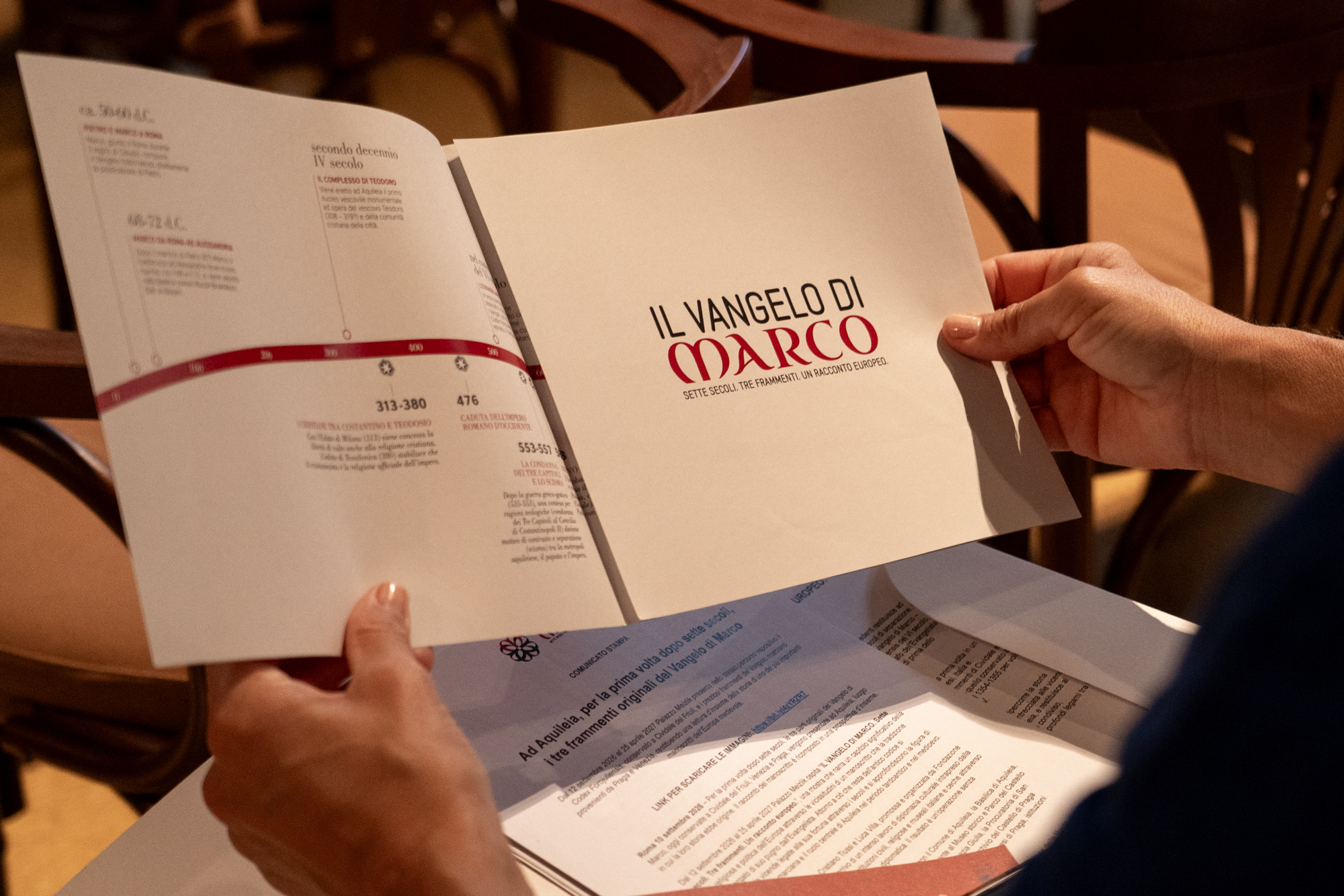 An information booklet for the exhibit “The Gospel of Mark: Seven Centuries. Three Fragments. One European Story,” open to visitors until April 25, 2027. | Credit: Photo courtesy of Tseng Kuang Yi