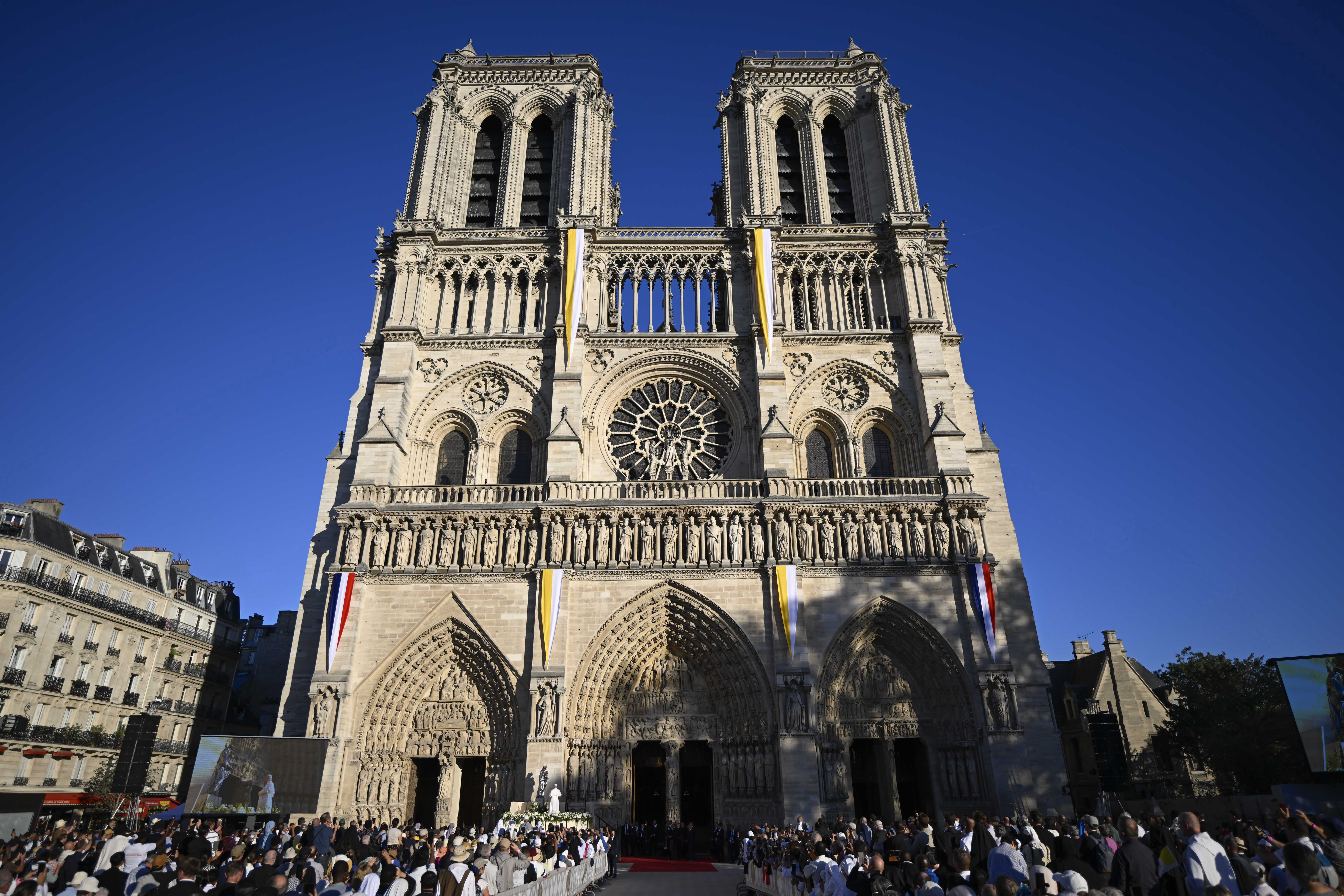 Crowds assemble outside the restored Notre-Dame Cathedral for Pope Leo XIVʼs visit on Sept. 25, 2026, seven years after a devastating fire nearly destroyed the cathedral.| Credit: Vatican Media