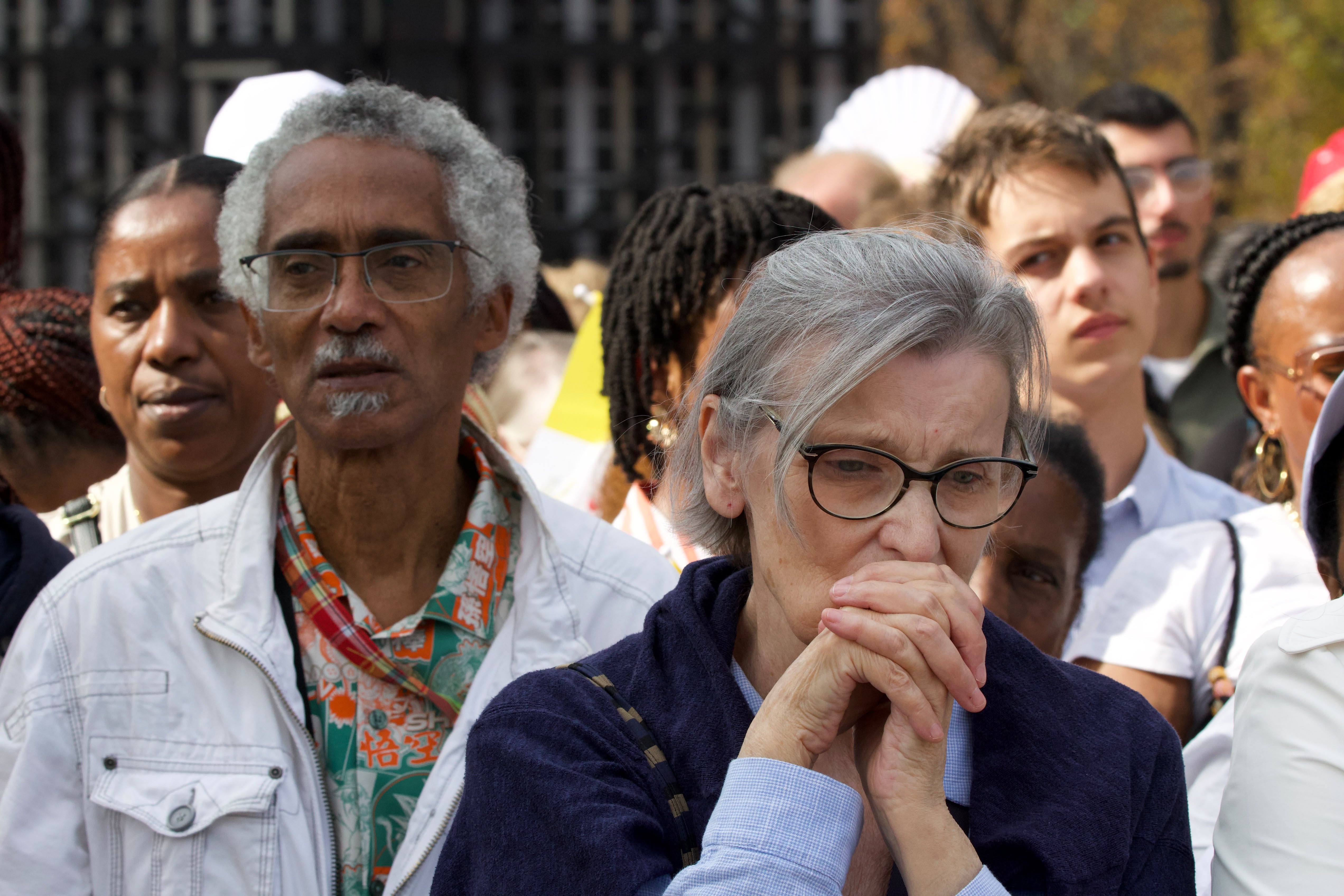 Members of the open-air congregation pray during Mass with Pope Leo XIV on Sept. 26, 2026, at Place de la Concorde in Paris. | Credit: Daniel Ibáñez/EWTN News