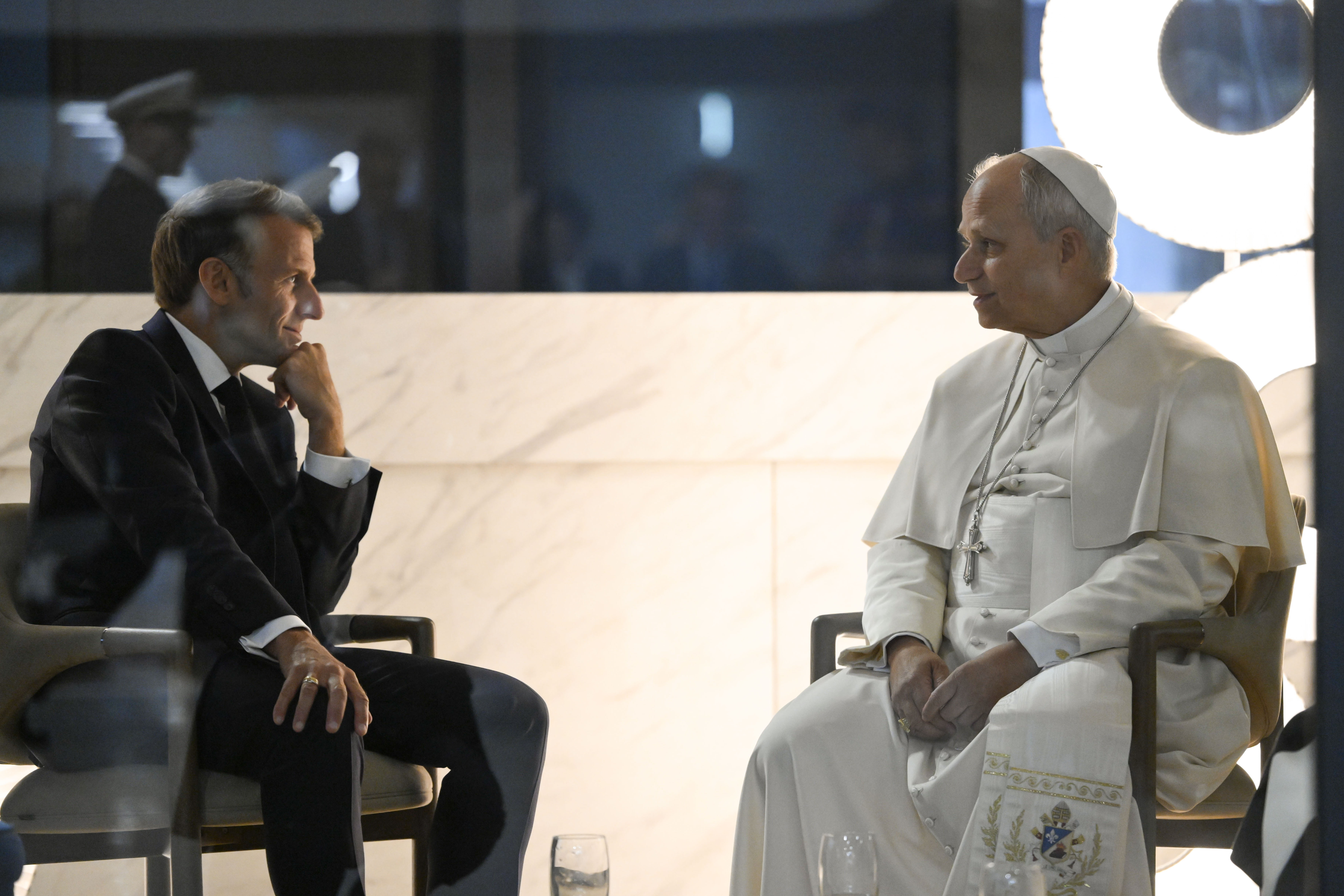 French President Emmanuel Macro and Pope Leo XIV meet one last time before the pope boards a plane back to Rome on Sept. 28, 2028. | Credit: Vatican Media